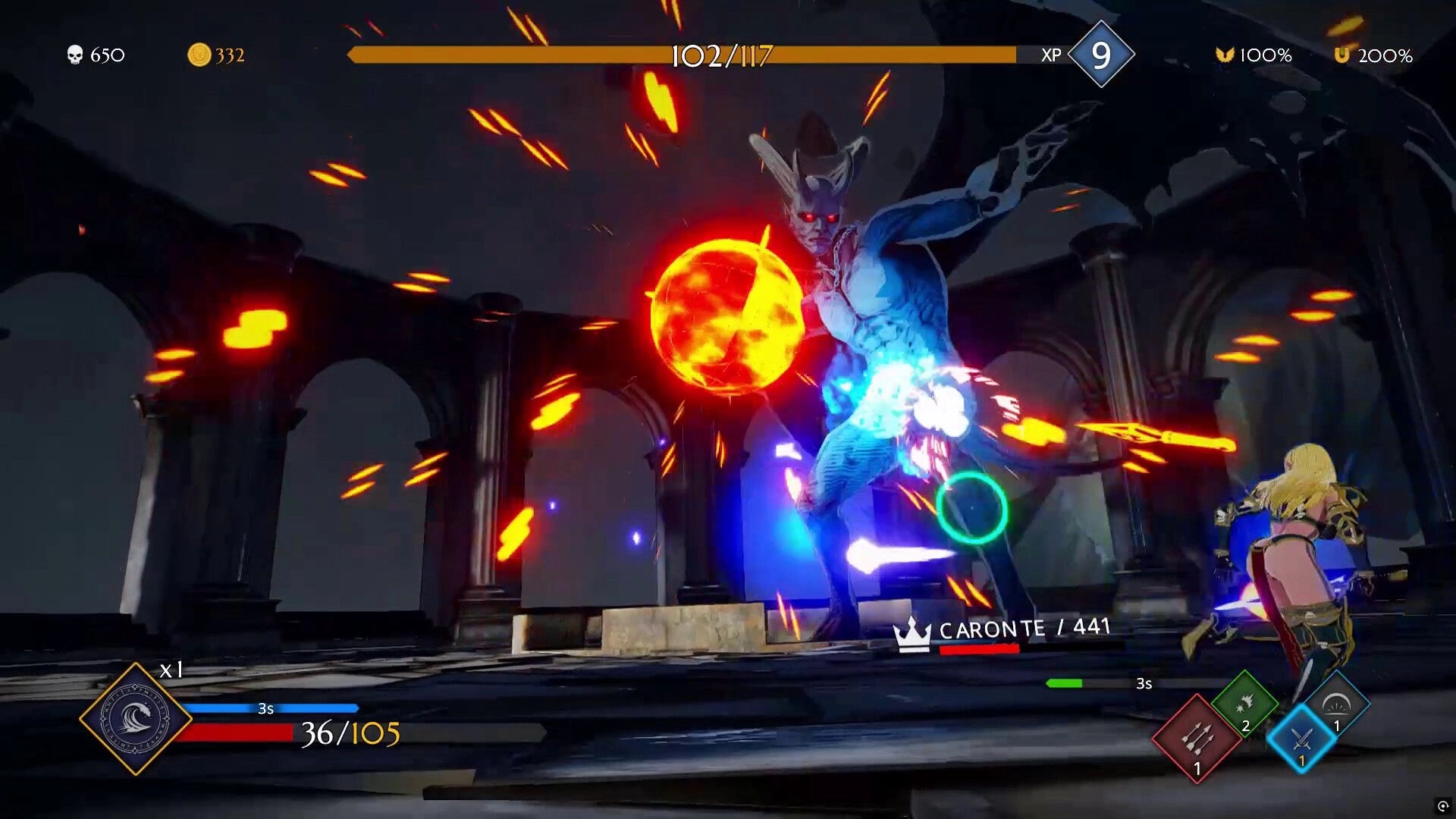 Knitewings™: Angelic sister battles demon Caronte in a fiery attack within a dark, ancient arena.