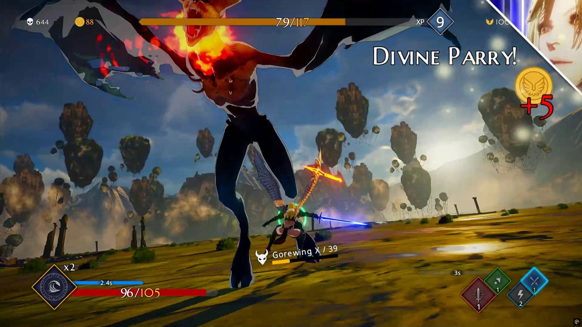 Knitewings™: Angelic sister performs Divine Parry against demon in sky island battlefield.