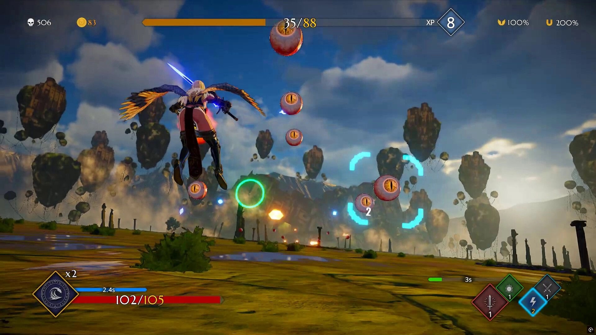 Knitewings™: Angelic sister flying past floating islands while targeting demonic eyes with elemental attacks