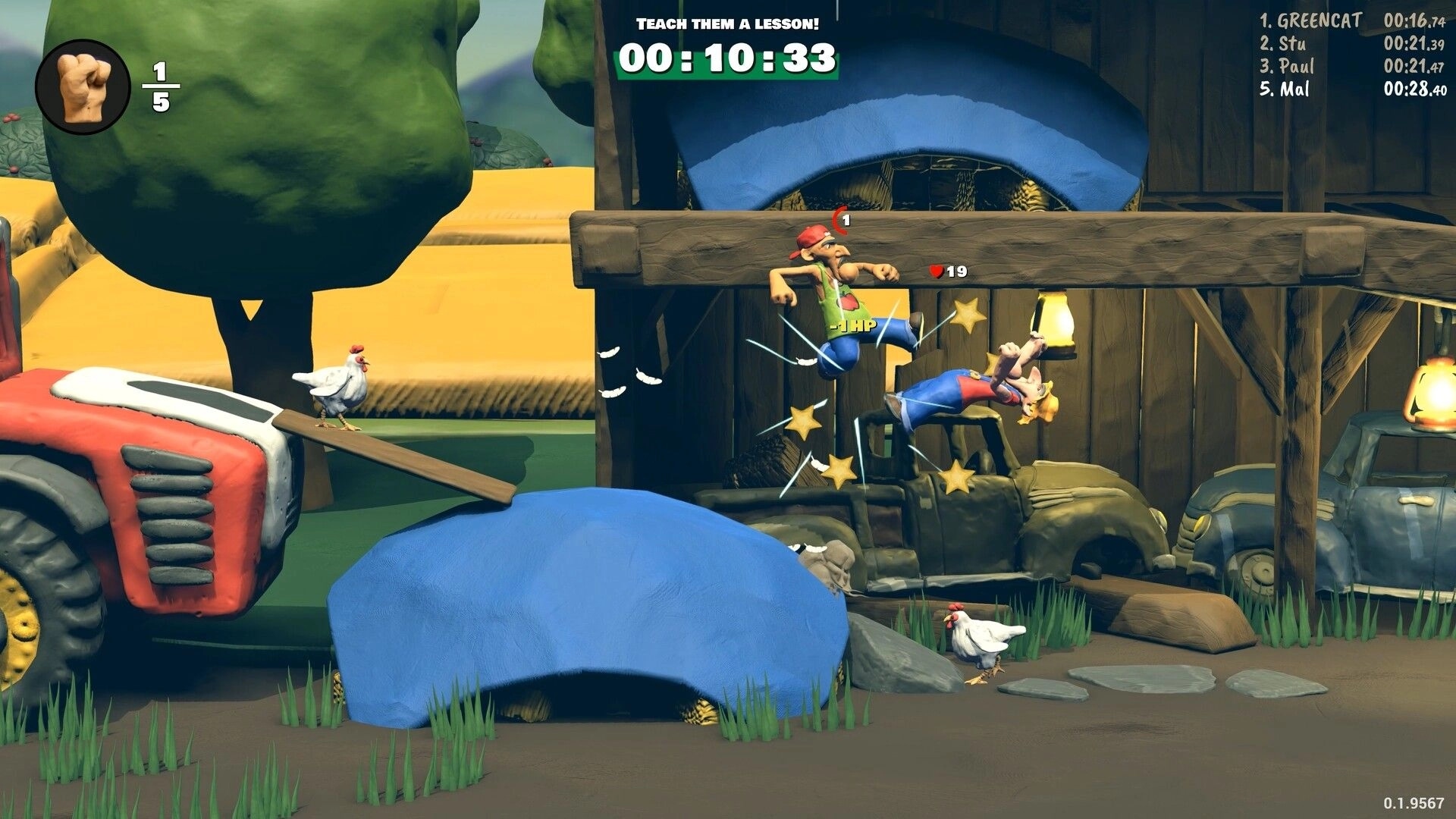 Knuckle Creek: Two fighters collide midair as timer and leaderboard overlay a barnyard scrapyard stage.