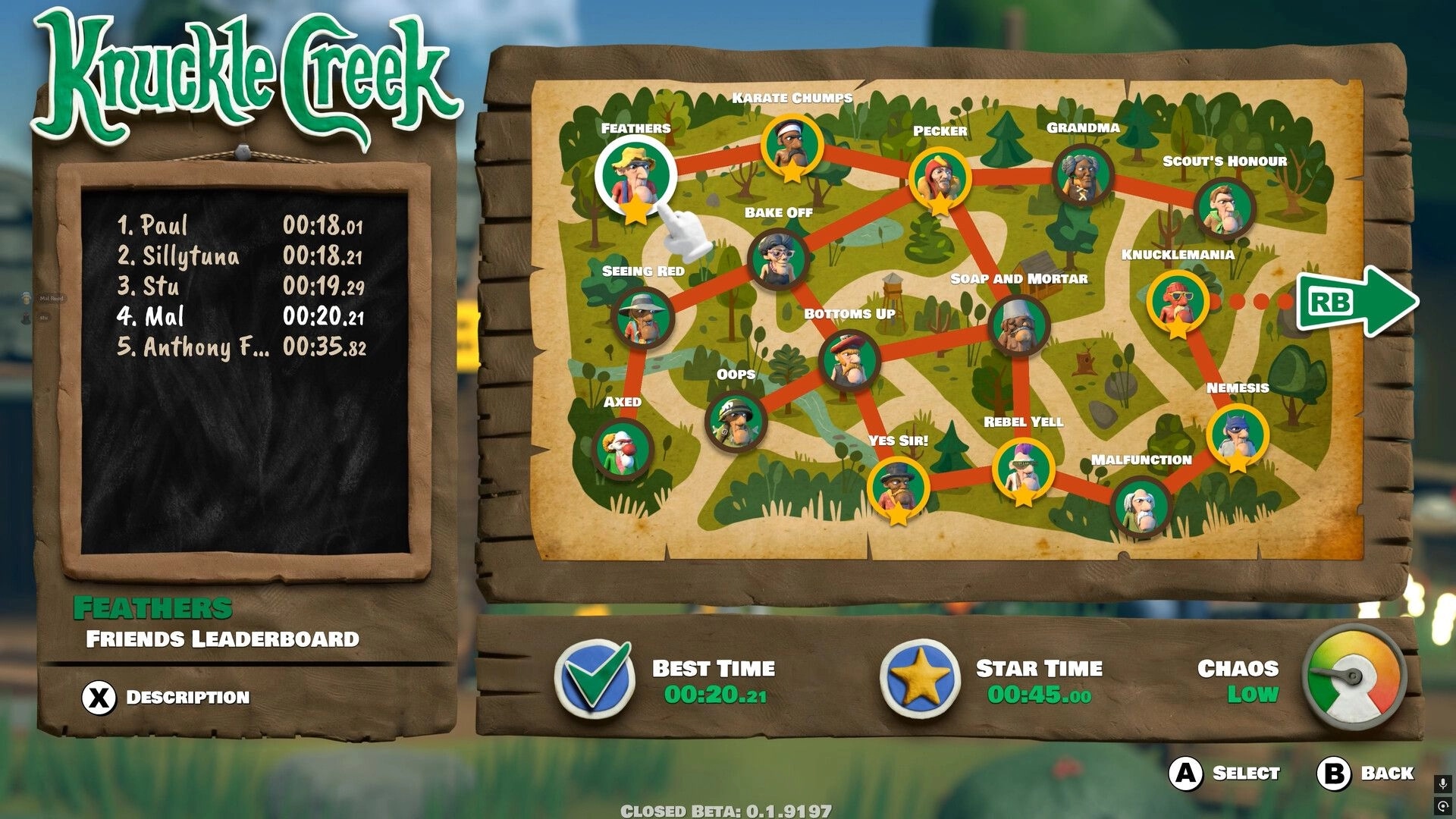 Knuckle Creek: Level map menu with connected nodes and friends leaderboard on a parchment forest map.