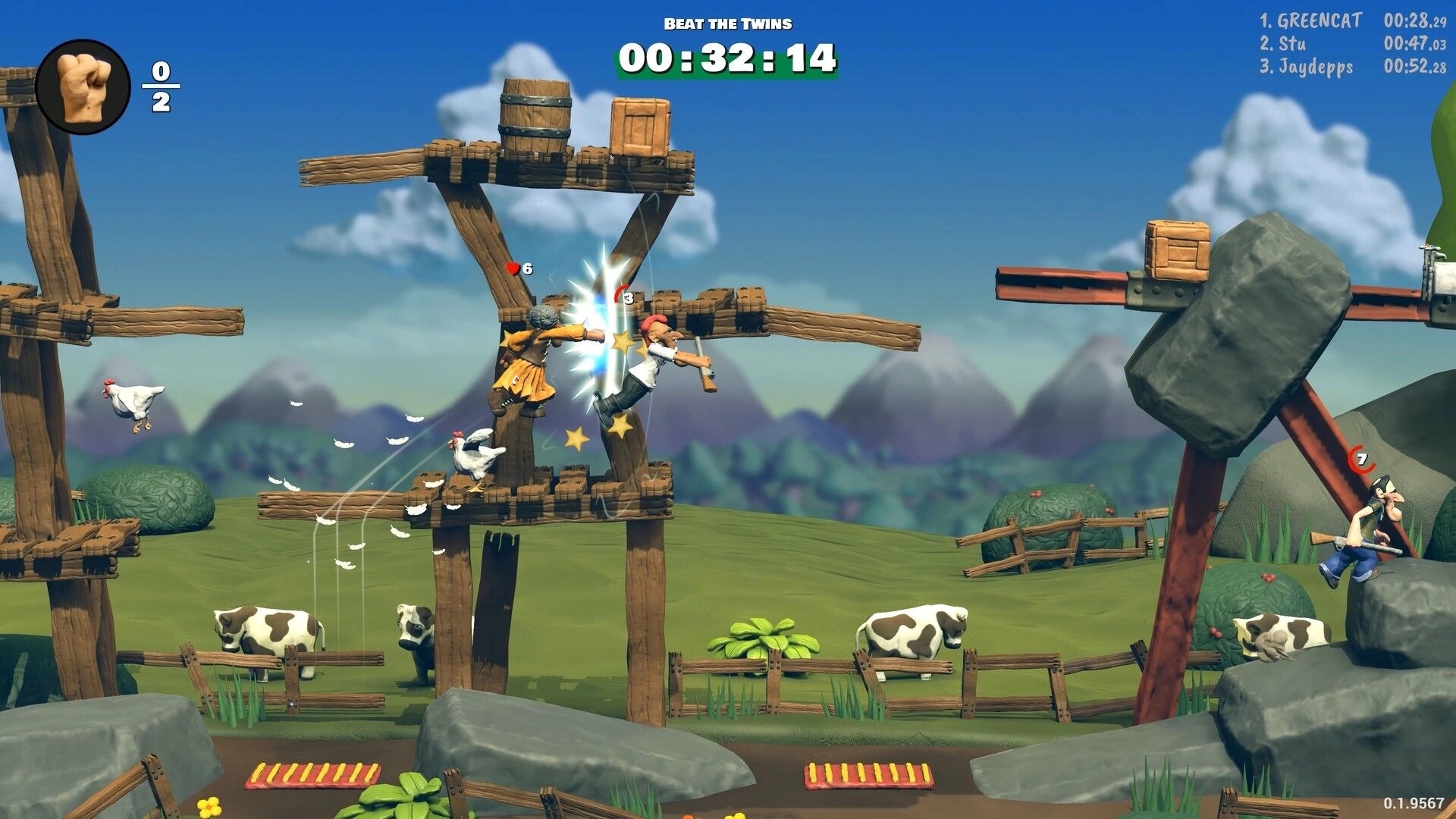 Knuckle Creek: Two fighters clash on wooden platforms above cows and chickens, timer UI at top.