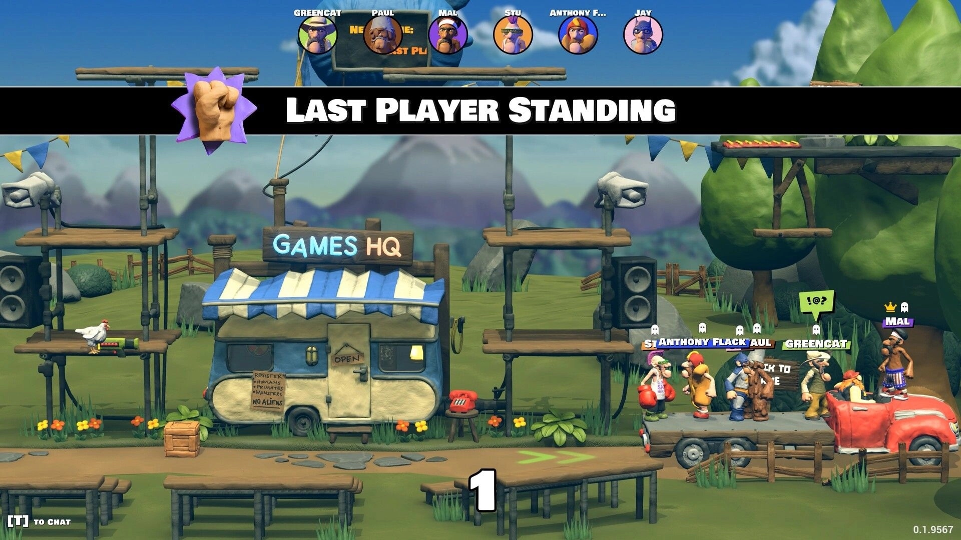 Knuckle Creek: Last Player Standing banner over fighters lined on a truck beside Games HQ stage.