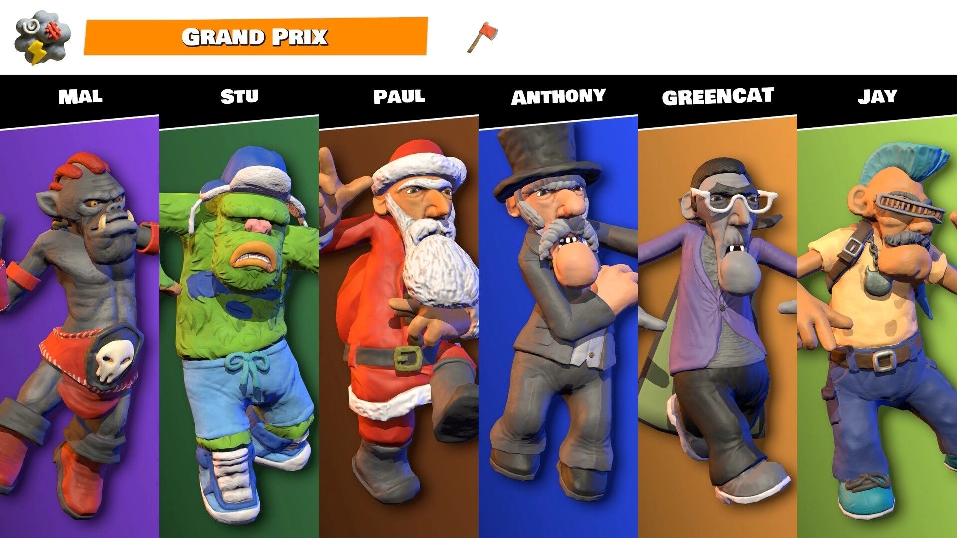 Knuckle Creek: Grand Prix character select with Mal, Stu, Paul, Anthony, Greencat, Jay on panels.