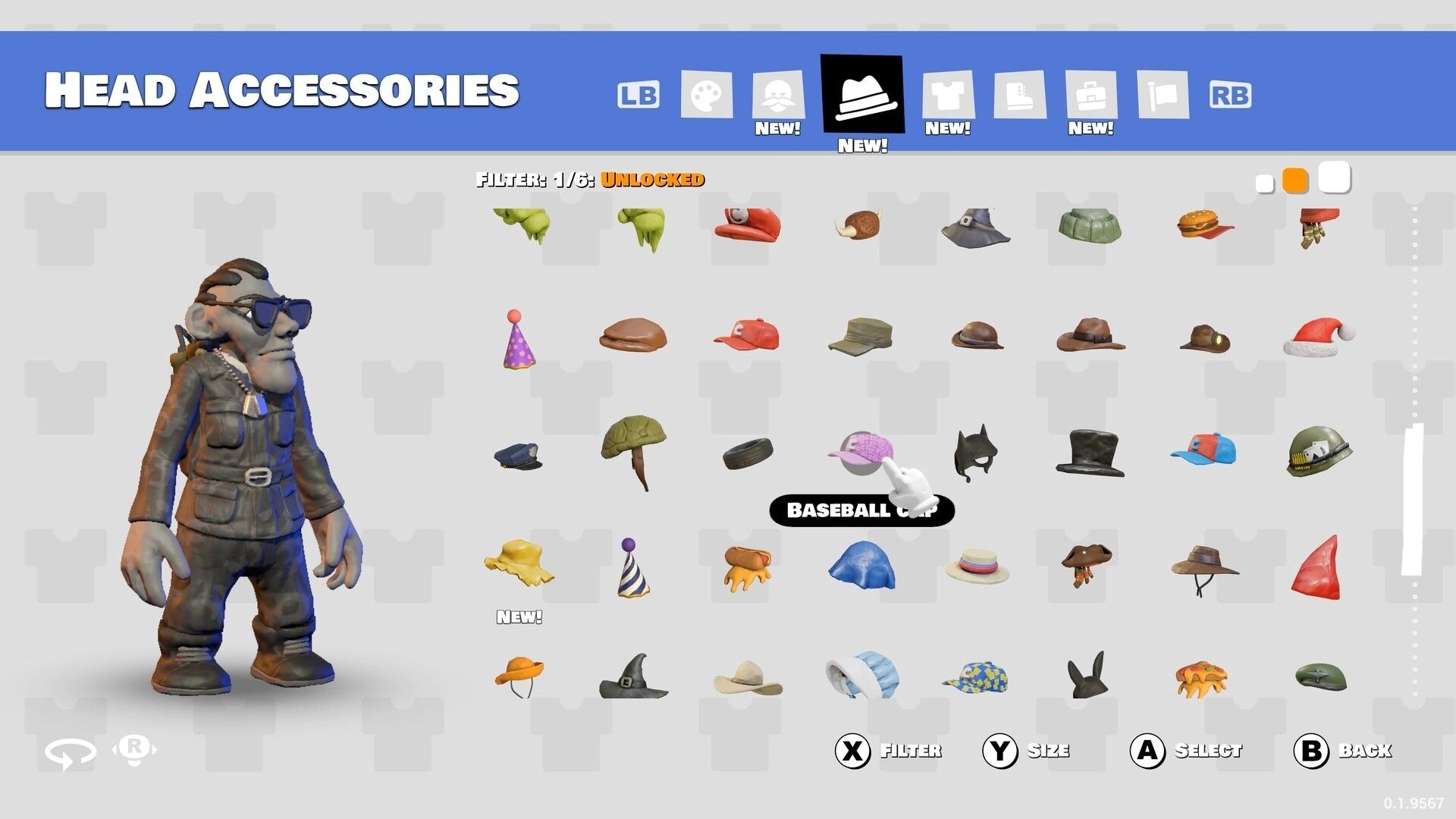 Knuckle Creek: Head accessories menu with character preview and grid of hats, caps, and masks icons.