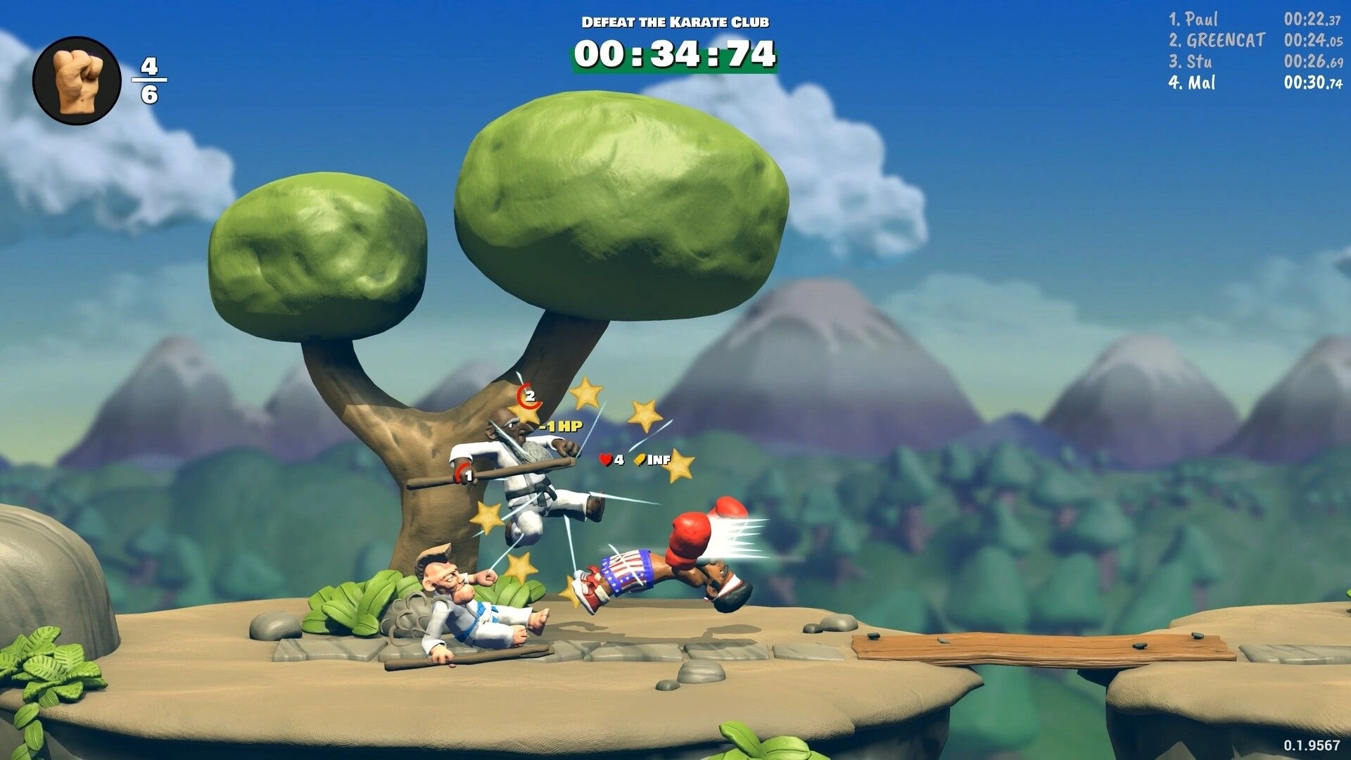 Knuckle Creek: Boxer uppercuts a karate fighter as timer and leaderboard overlay a mountain stage.