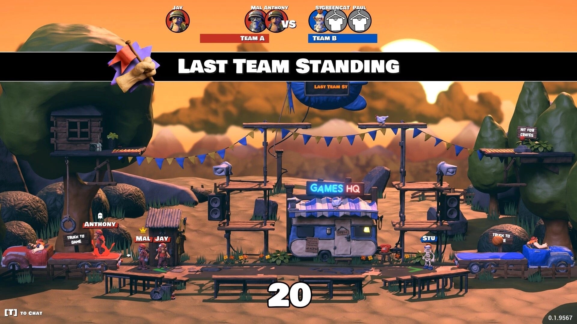 Knuckle Creek: Last Team Standing match UI over desert stage with trucks, platforms, and fighters below.