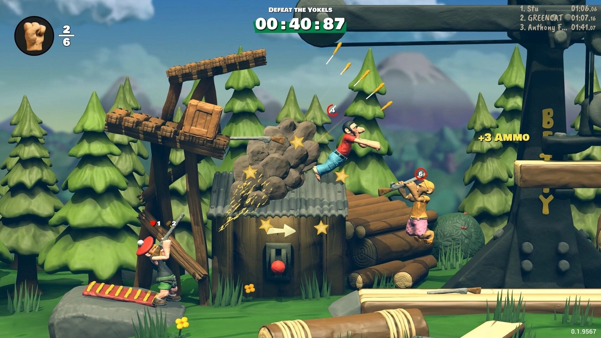 Knuckle Creek: Two fighters shoot rifles midair by a cabin in pine woods, timer and ammo UI visible.