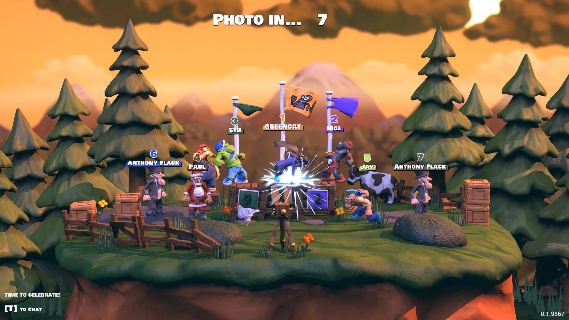 Knuckle Creek: Photo countdown over seven fighters by flags and crates on a forest clearing stage.