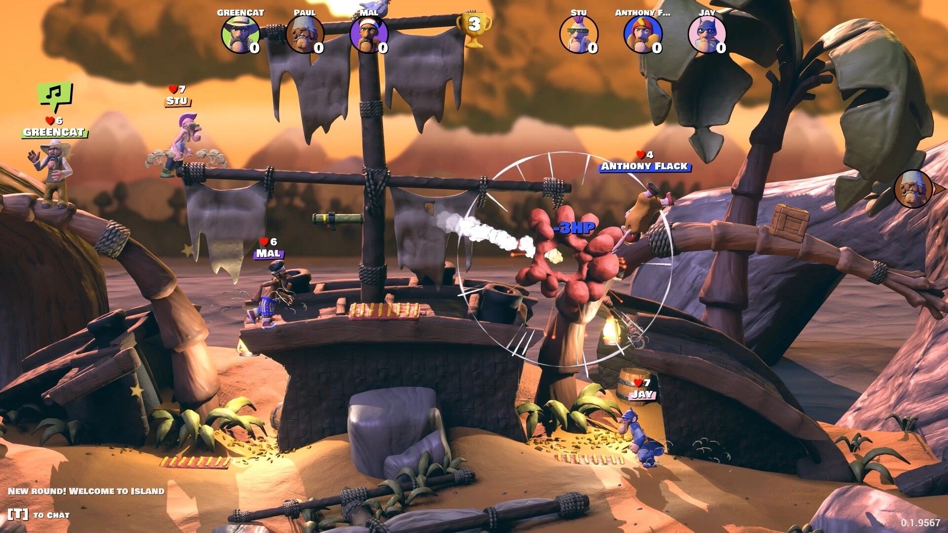 Knuckle Creek: Multiplayer brawl with health icons and crosshair on a pirate ship deck at sunset.
