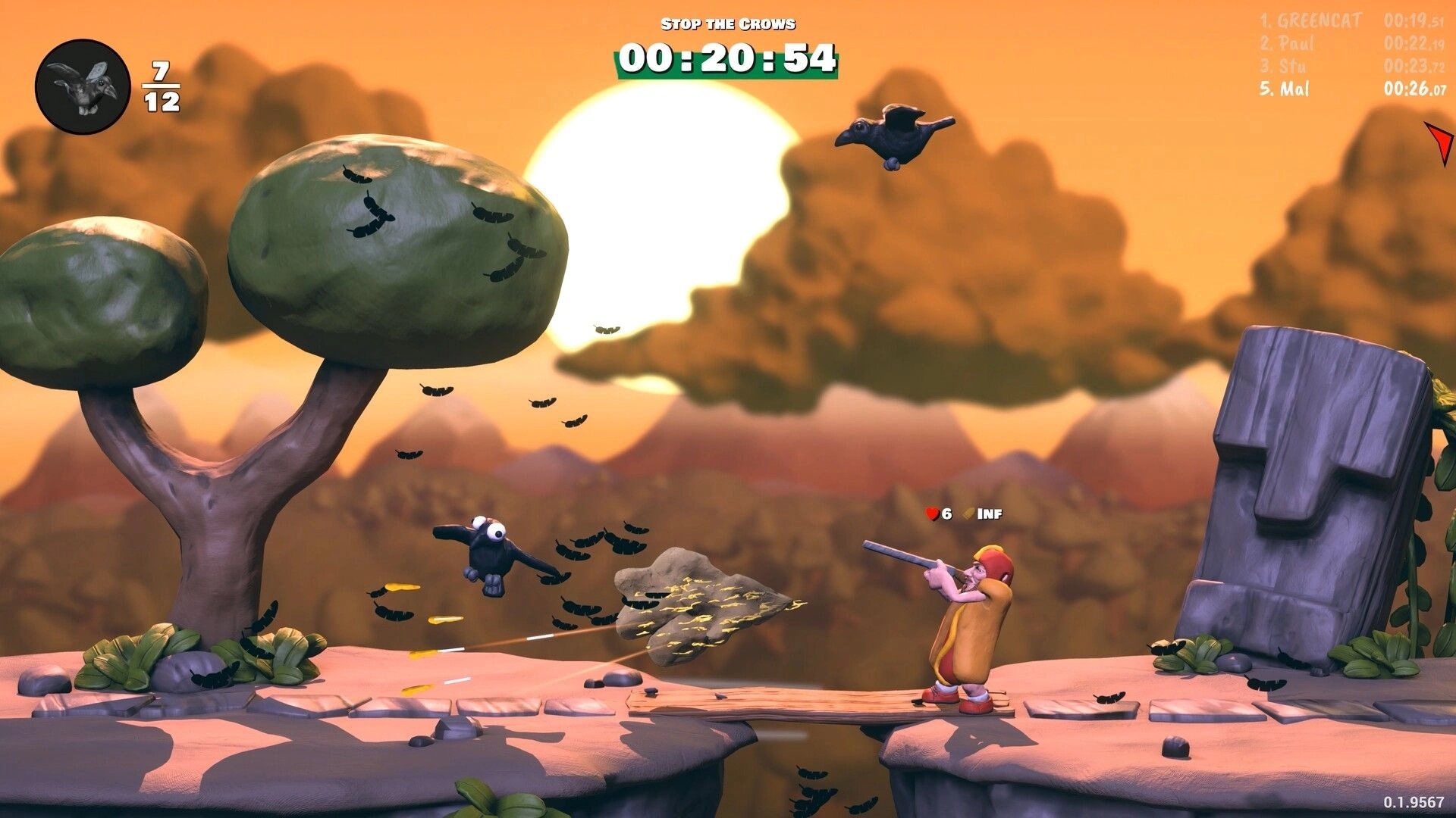 Knuckle Creek: Player swings bat at crows as timer counts down on rocky sunset platform stage.