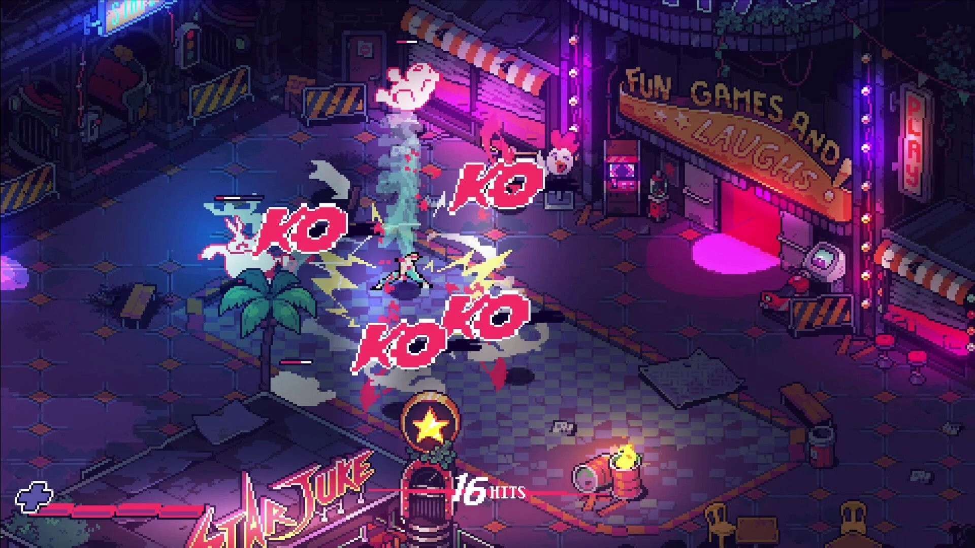 Knuckle Paradise ®: Combo brawl with KO popups and 16-hit counter outside neon Fun Games arcade at night.
