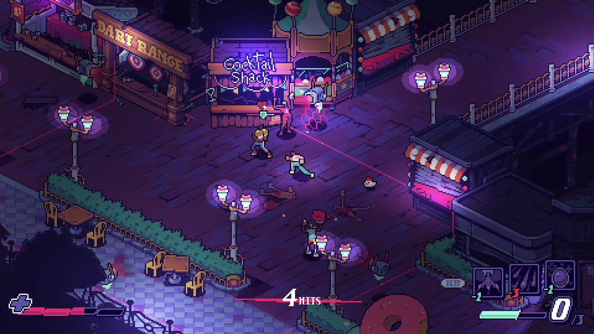 Knuckle Paradise ®: Brawl near Cocktail Shack with 4-hit combo counter in neon-lit boardwalk plaza.