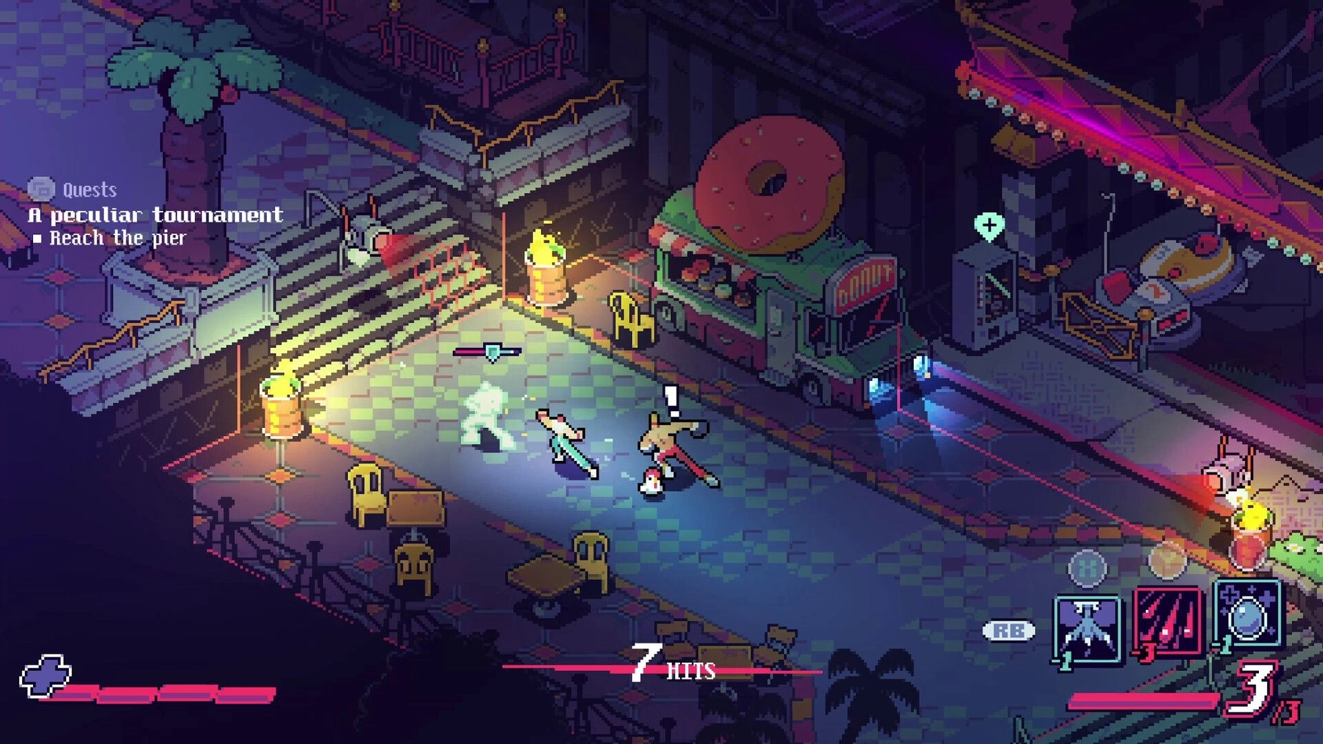 Knuckle Paradise ®: Combo fight hits counter in neon plaza by donut truck, quest text and skill icons visible.