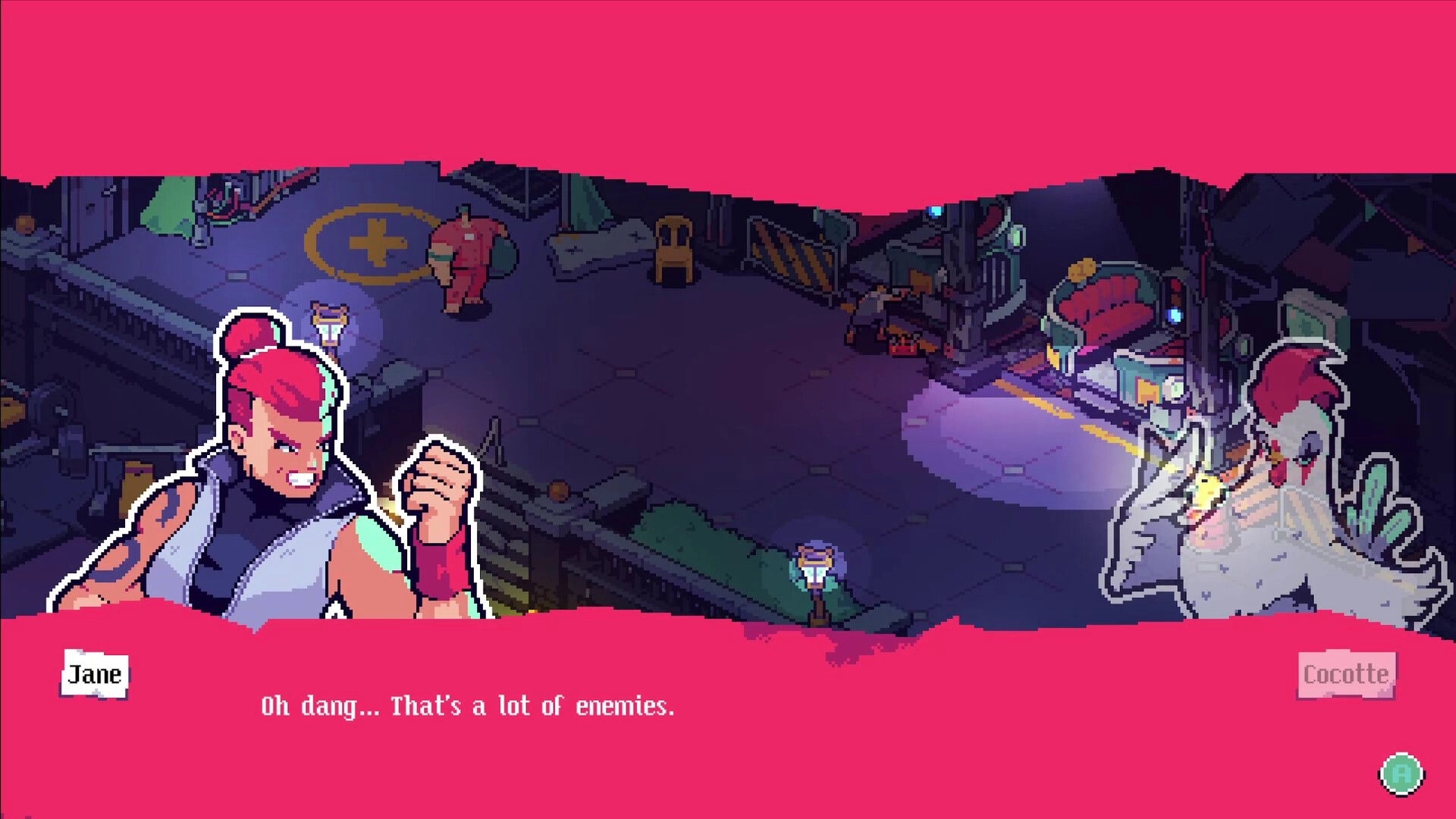 Knuckle Paradise ®: Jane and Cocotte dialogue portraits over a dim neon camp with enemies ahead.