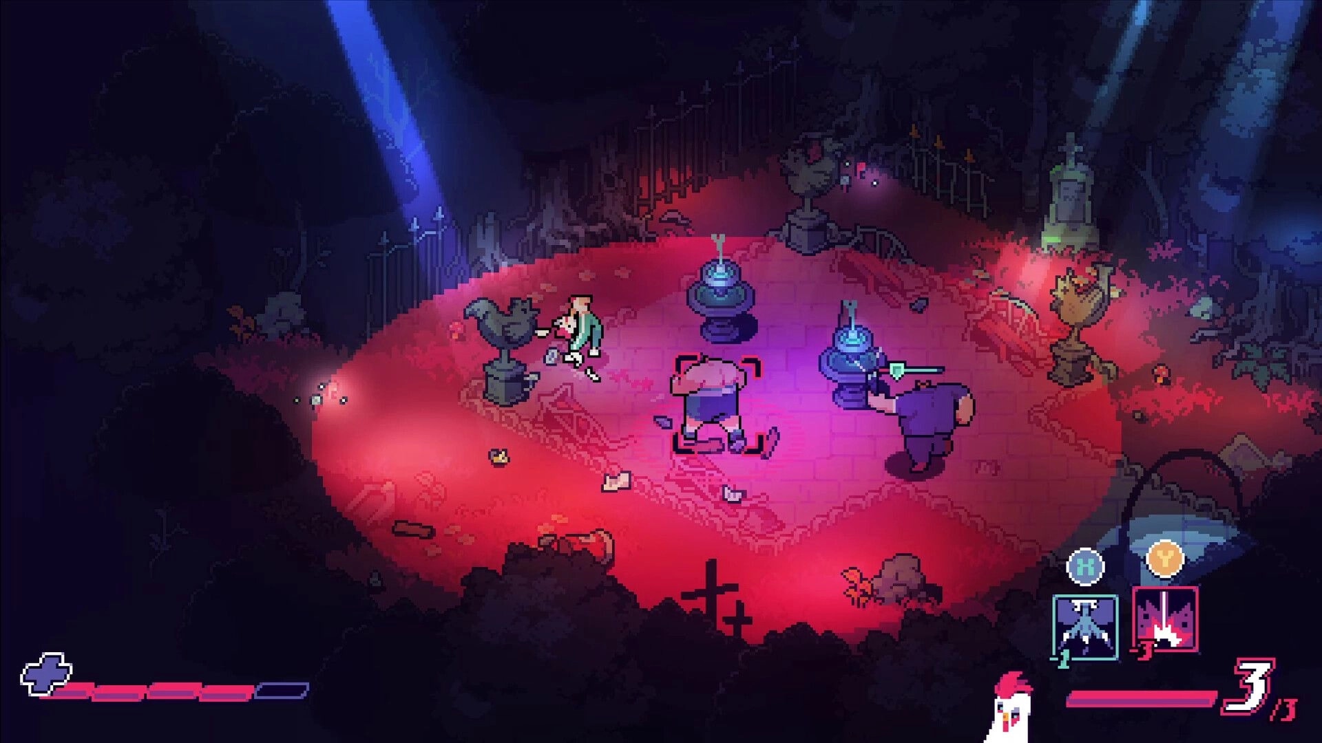 Knuckle Paradise ®: Jane squares off with a bulky thug in a neon-lit graveyard arena with UI icons.
