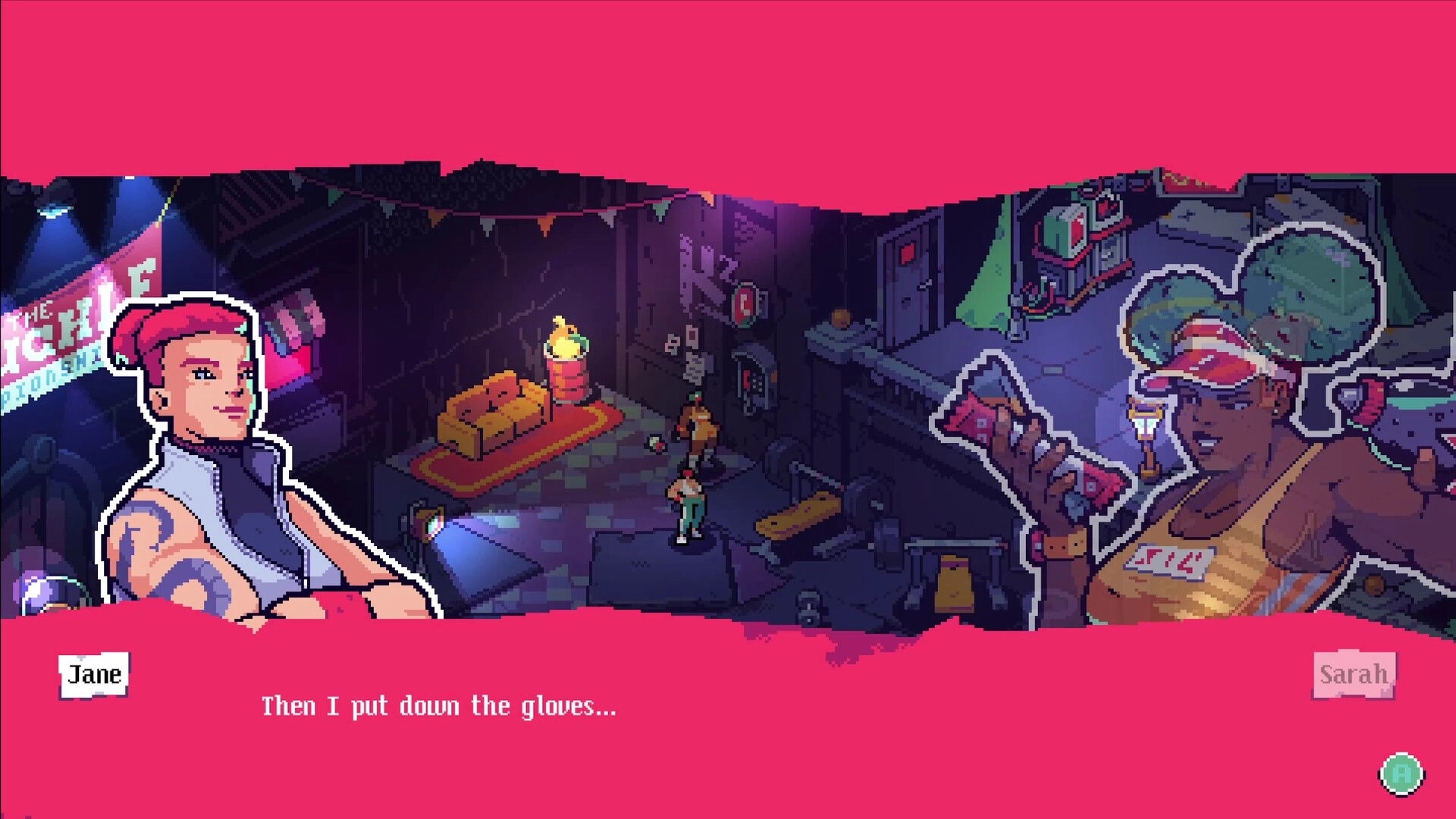 Knuckle Paradise ®: Dialogue scene with Jane and Sarah portraits in a neon-lit alley hideout.