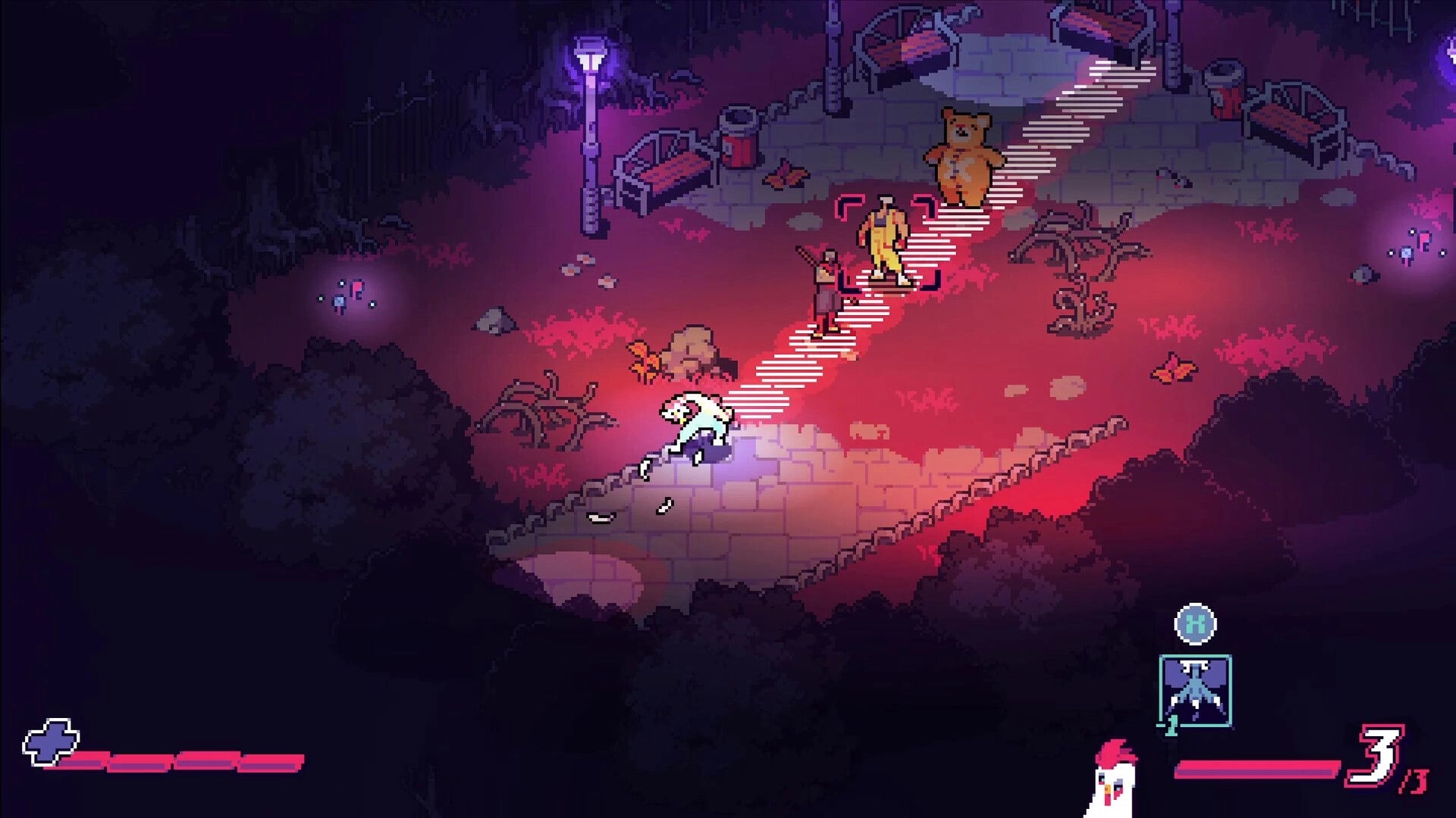 Knuckle Paradise ®: Jane dashes toward two enemies on a red forest path with benches and lampposts.