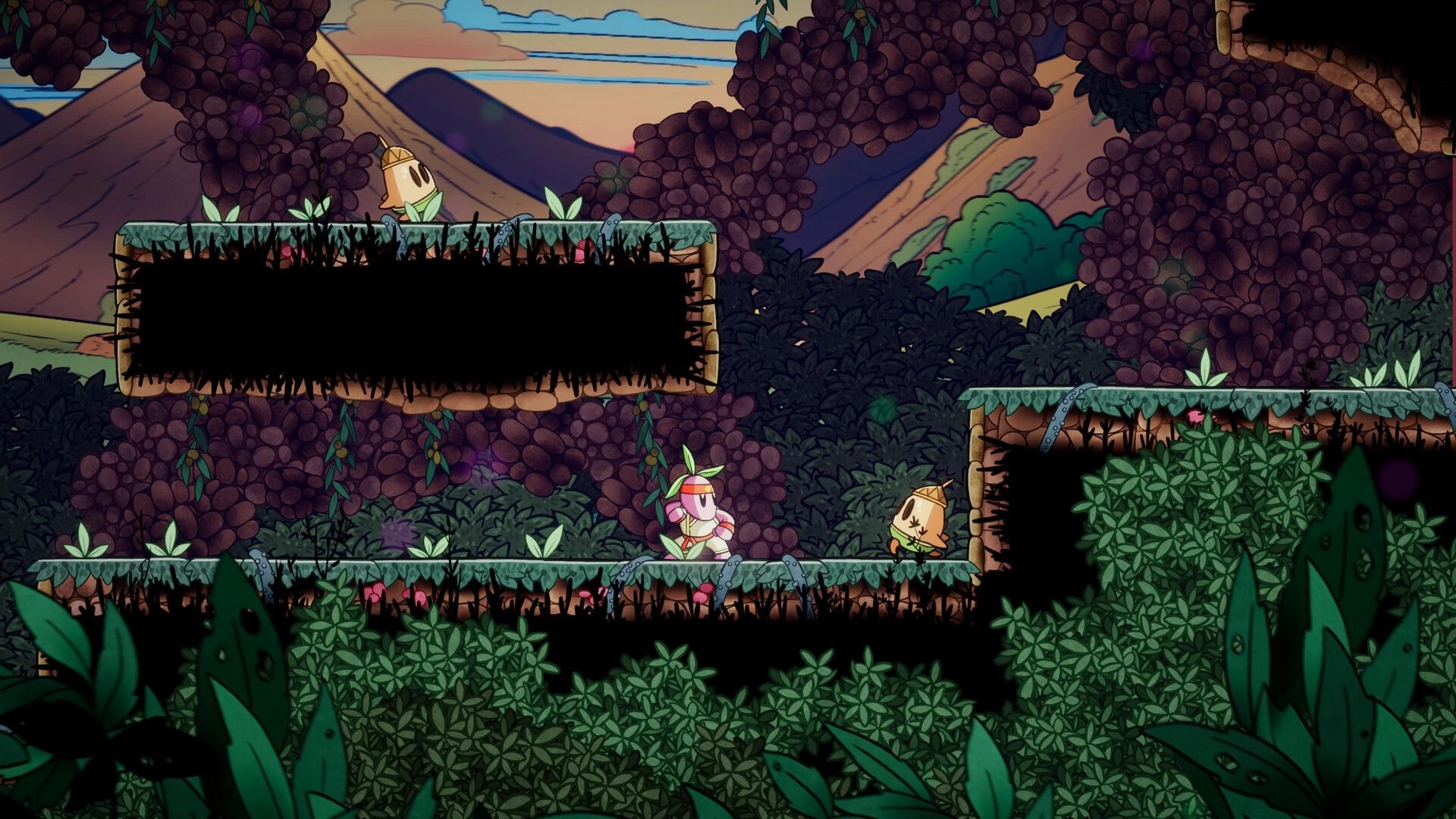 Kodama: Masked hero stands on grassy platforms near two small spirits in a dusky forest grove.