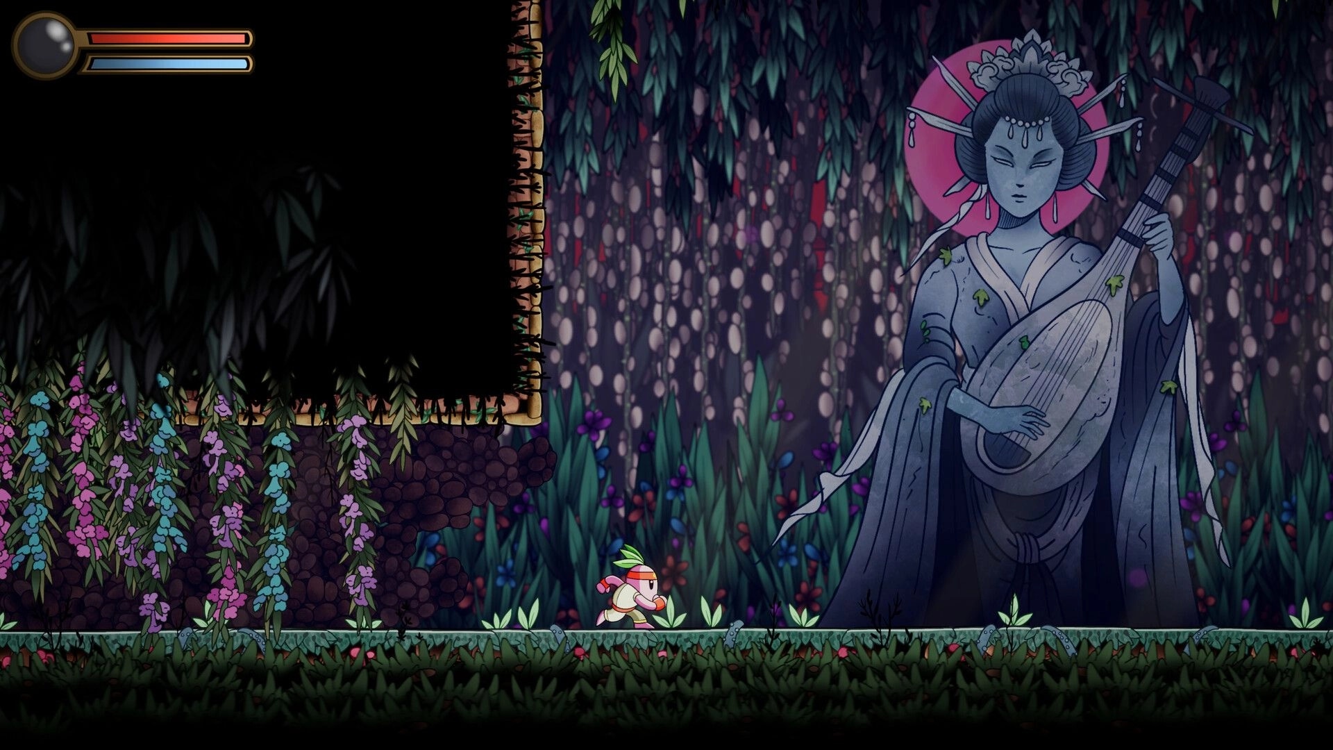 Kodama: Player runs past a giant stone musician statue in a moonlit forest with health bars UI.