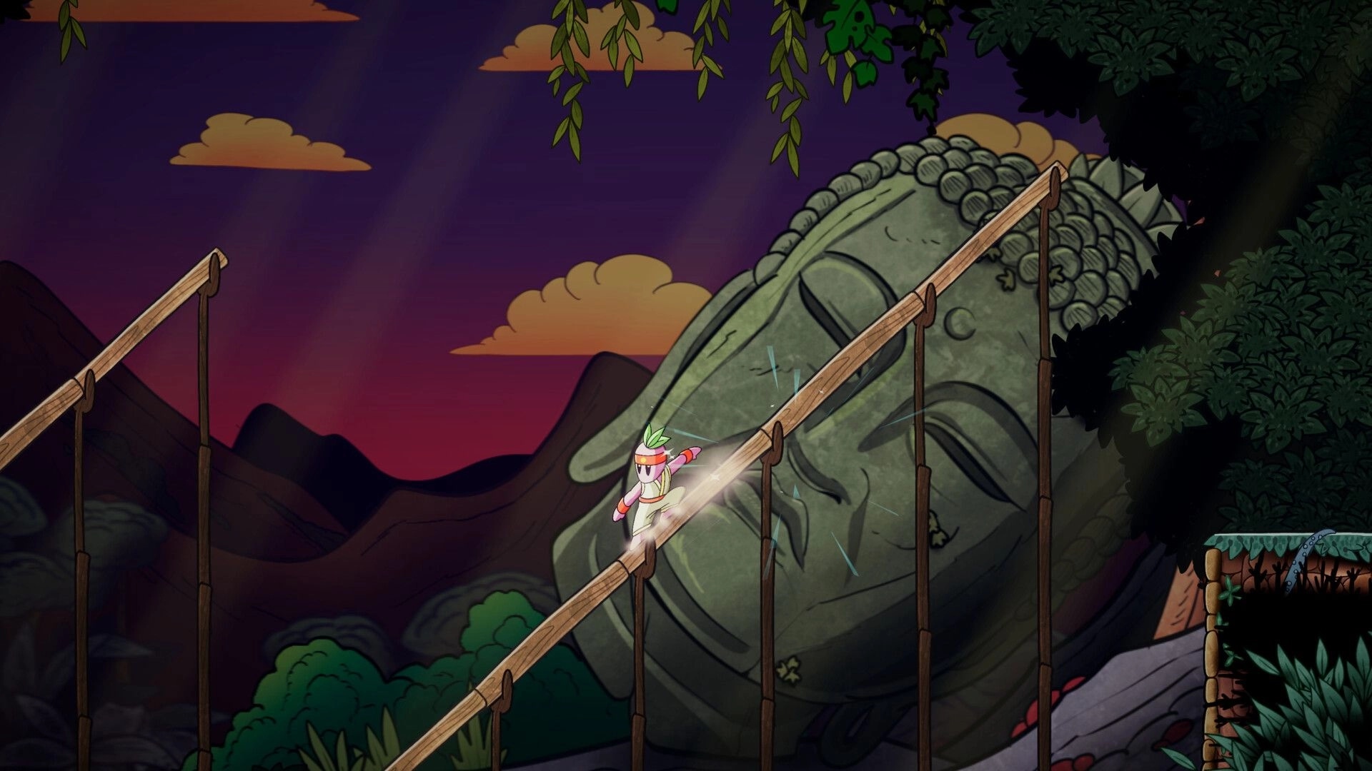 Kodama: Masked hero dashes up a rope bridge at dusk beside a giant fallen stone Buddha head.