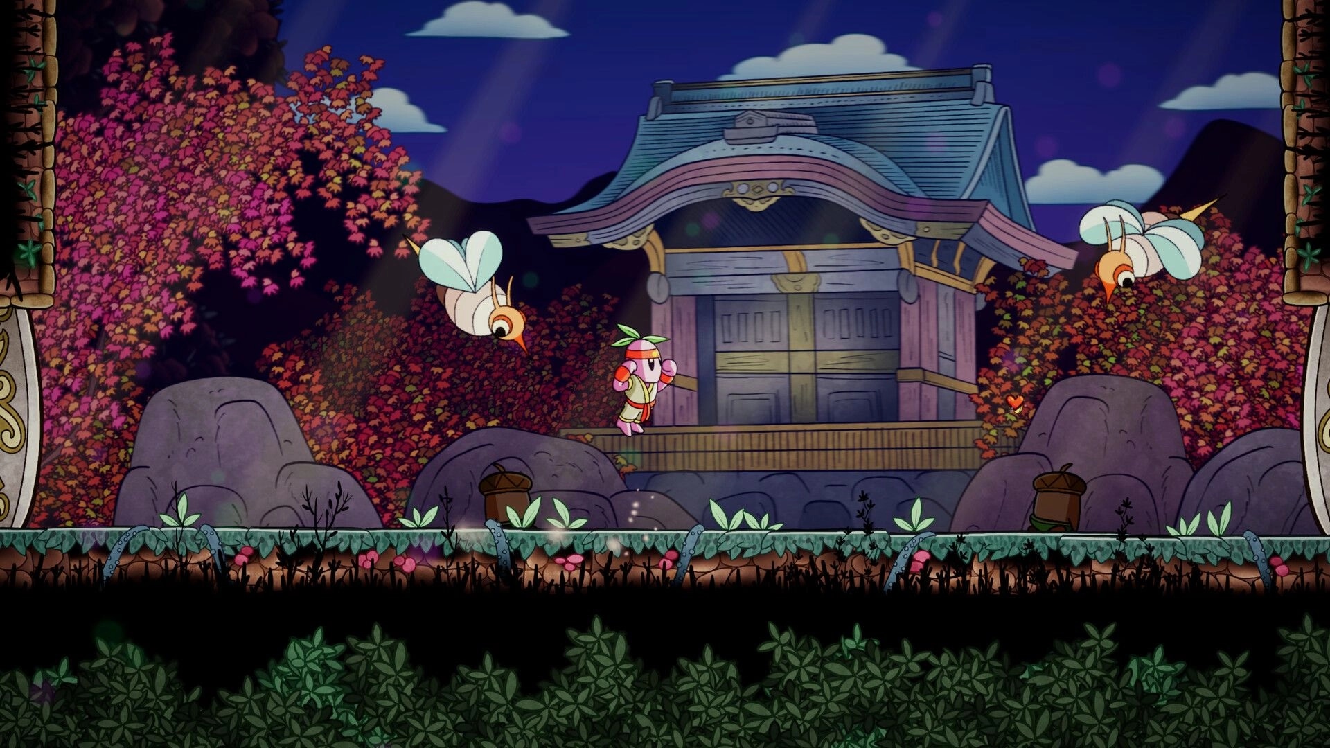 Kodama: Small masked hero jumps on a shrine platform as two bees hover in an autumn forest at night.