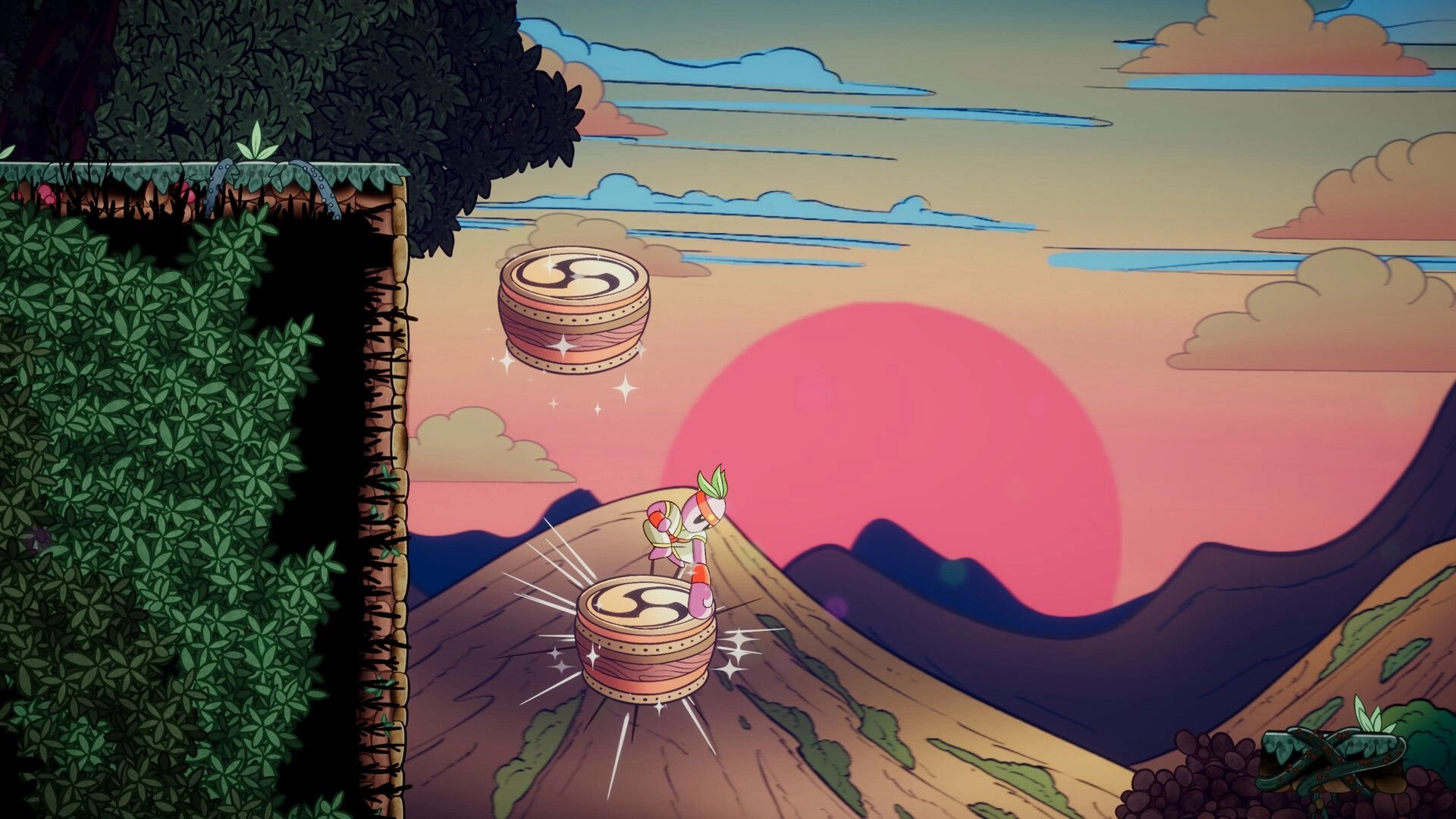 Kodama: Masked hero leaps between sparkling drum platforms over mountains at sunset sky backdrop.