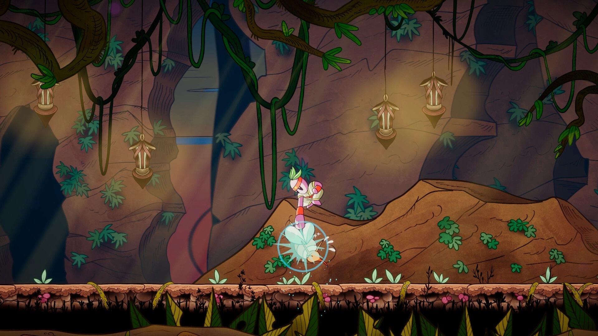 Kodama: Hero lands a downward strike on a glowing spirit in a vine-filled cave with lanterns.