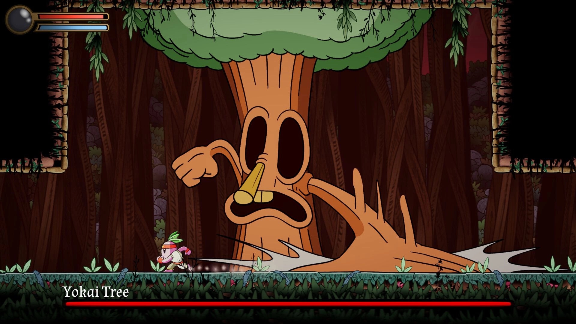 Kodama: Boss fight with Yokai Tree as a tiny hero runs past in a dark forest arena, HUD visible.