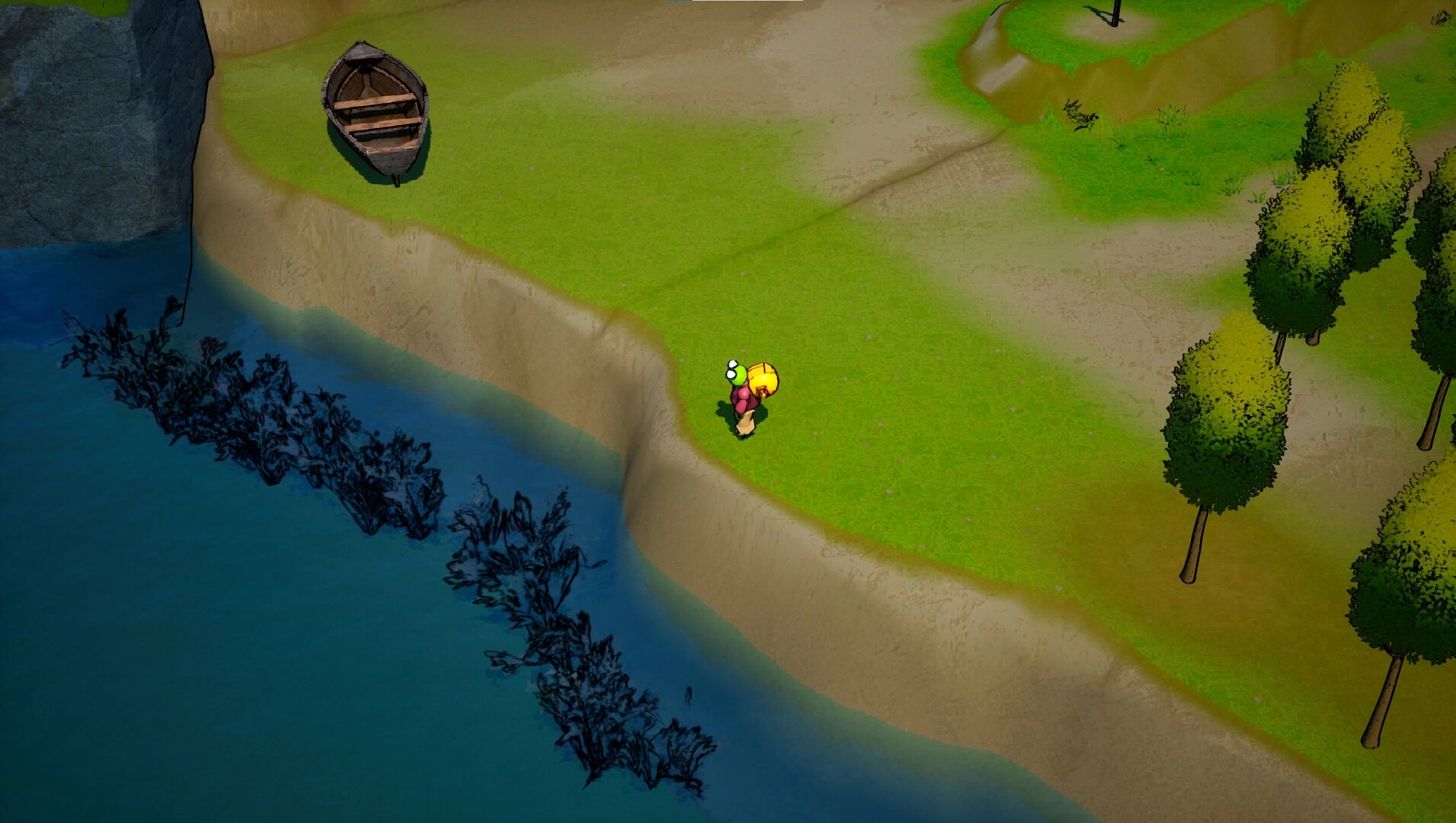 Kodoktale: Tobo stands by a riverbank with a boat nearby in a grassy area with scattered trees.