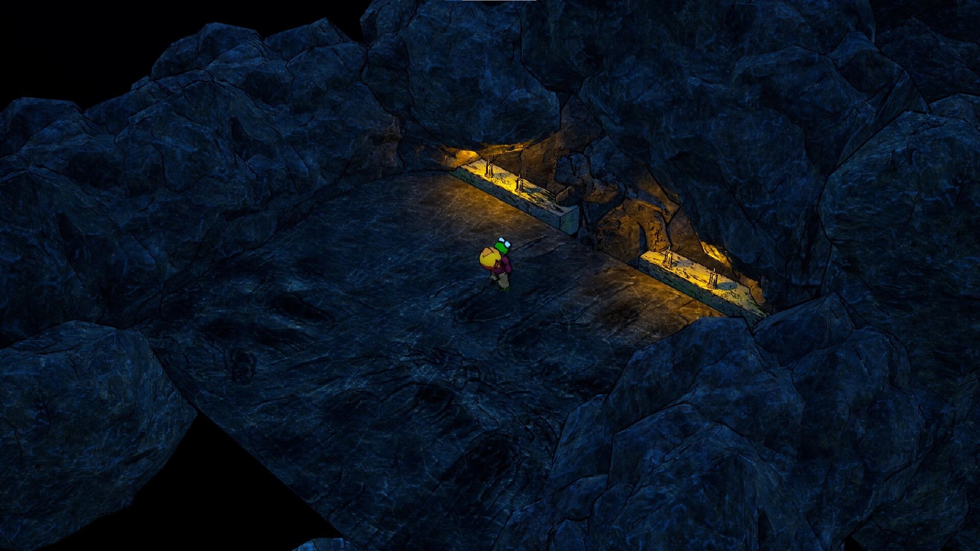 Kodoktale: Tobo exploring a dimly lit cave with glowing wall torches, surrounded by rough stone walls.