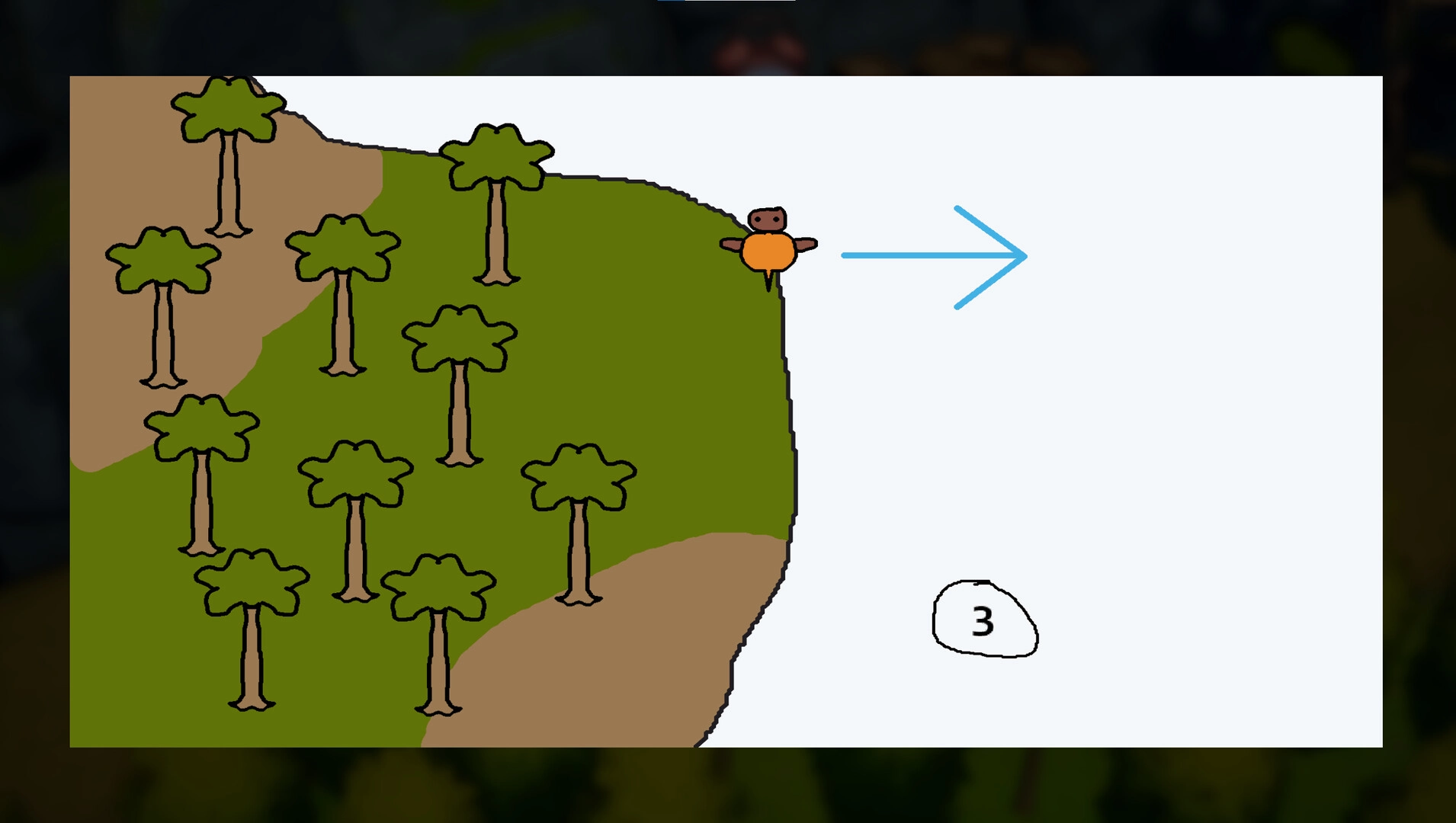Kodoktale: Tobo stands on cliff edge with arrow pointing forward, forest area with trees behind him