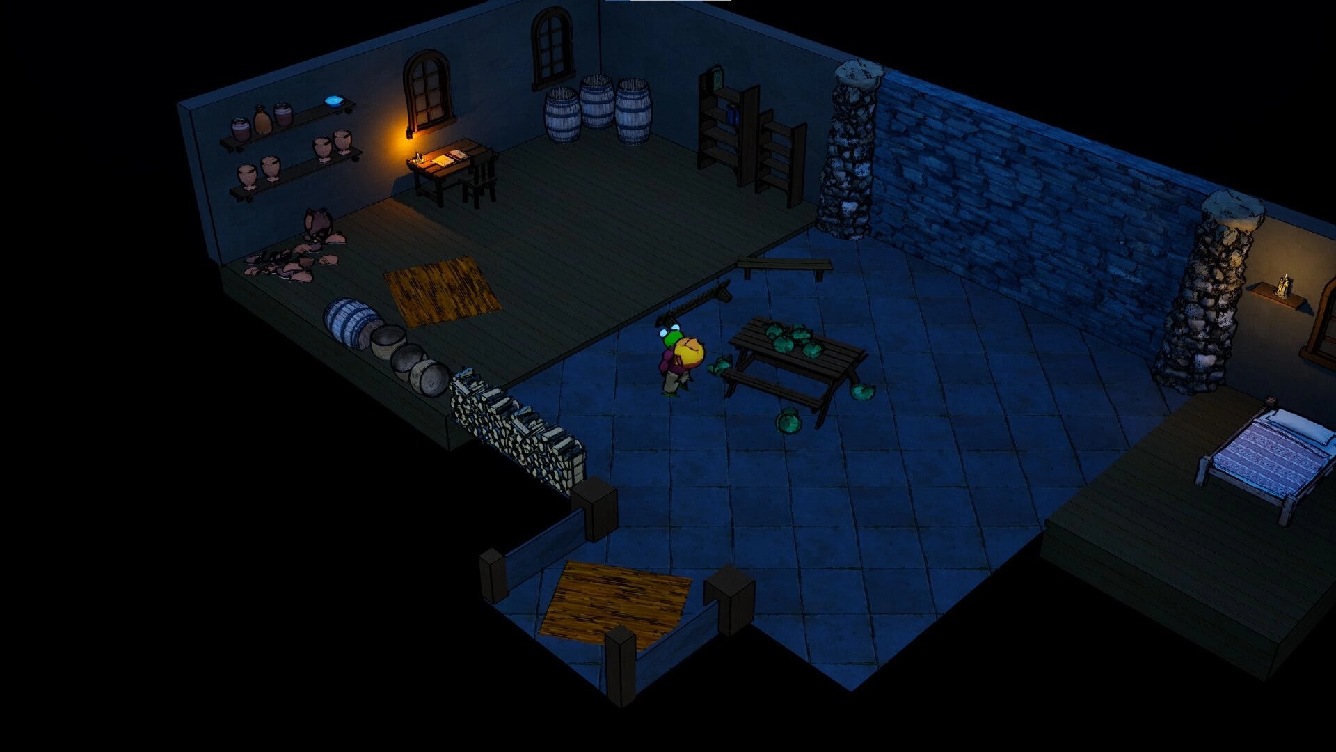 Kodoktale: Tobo explores a cozy stone room with shelves, barrels, and a wooden table with cabbages.