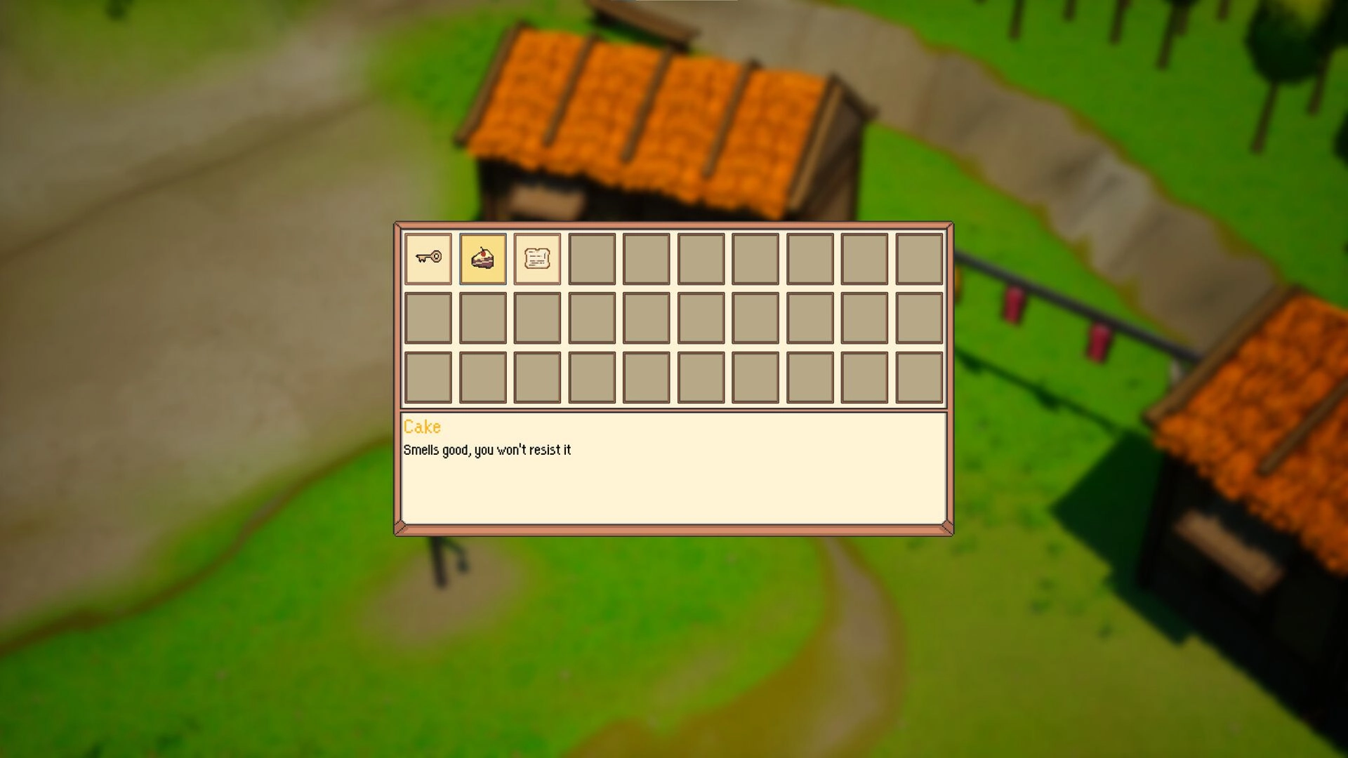 Kodoktale: Inventory menu with cake item description in a village with orange-roofed buildings visible