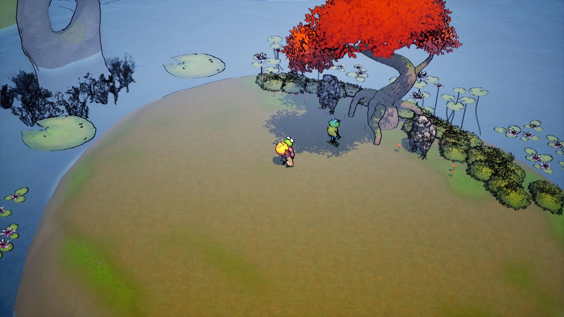 Kodoktale: Tobo explores an island with a vibrant red tree and lily pads in a serene water setting.