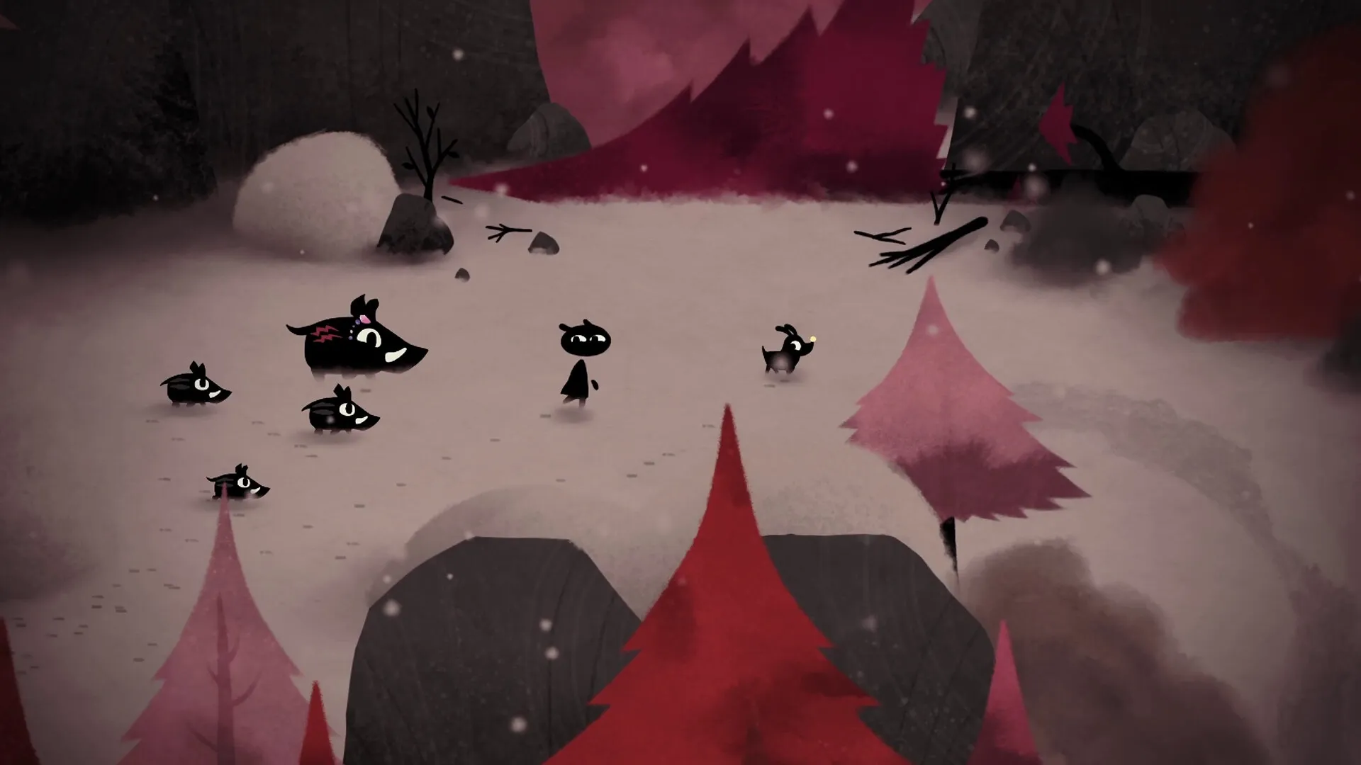 Koira: Character and puppy walking through snow-covered enchanted forest with pink trees and shadows