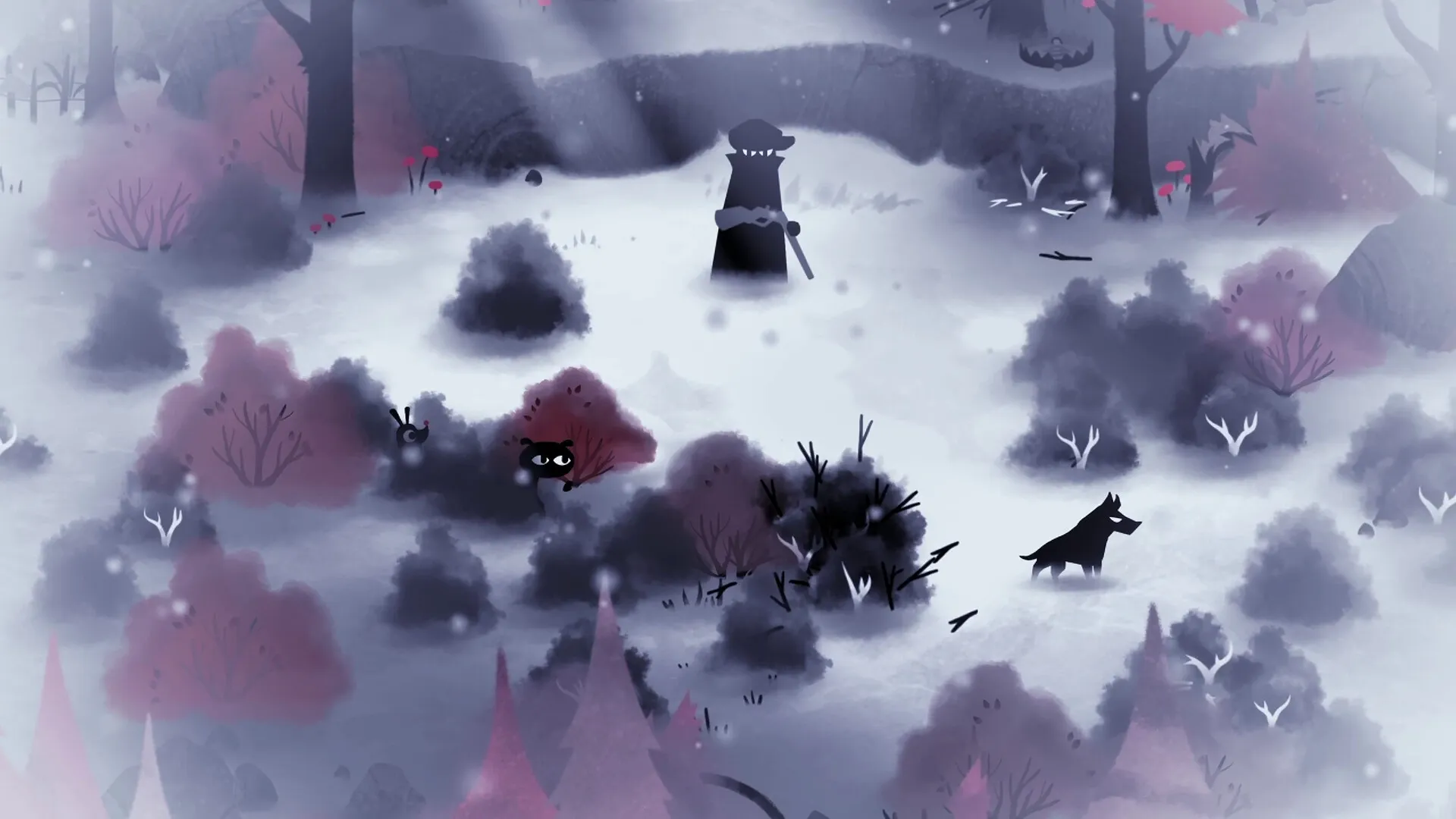 Koira: Shadowy figure and puppy in snowy forest clearing surrounded by dark bushes and trees.