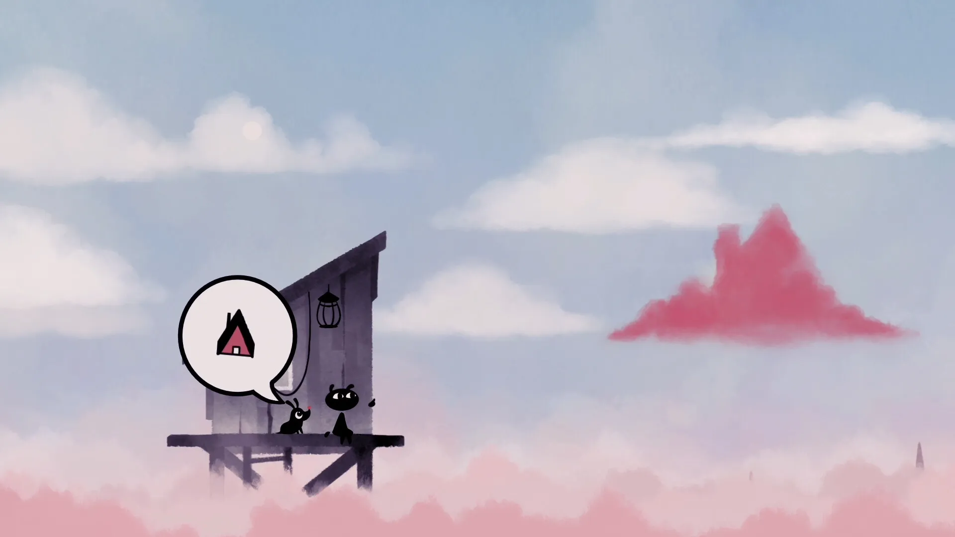 Koira: Cat and puppy on wooden platform with thought bubble, overlooking pink clouds and distant red cloud