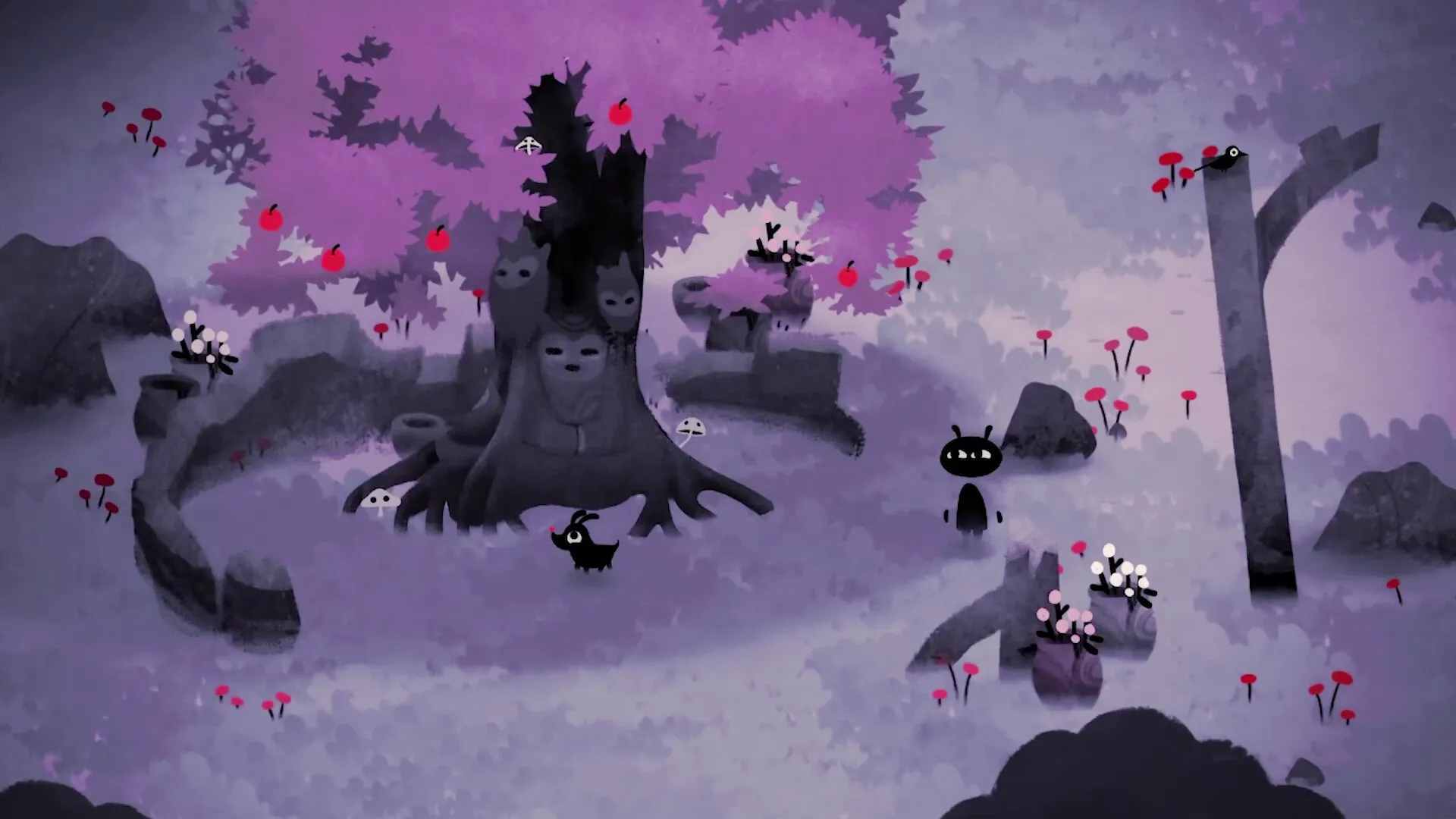 Koira: Characters exploring a mystical forest with pink trees and mysterious carved faces on a large tree.