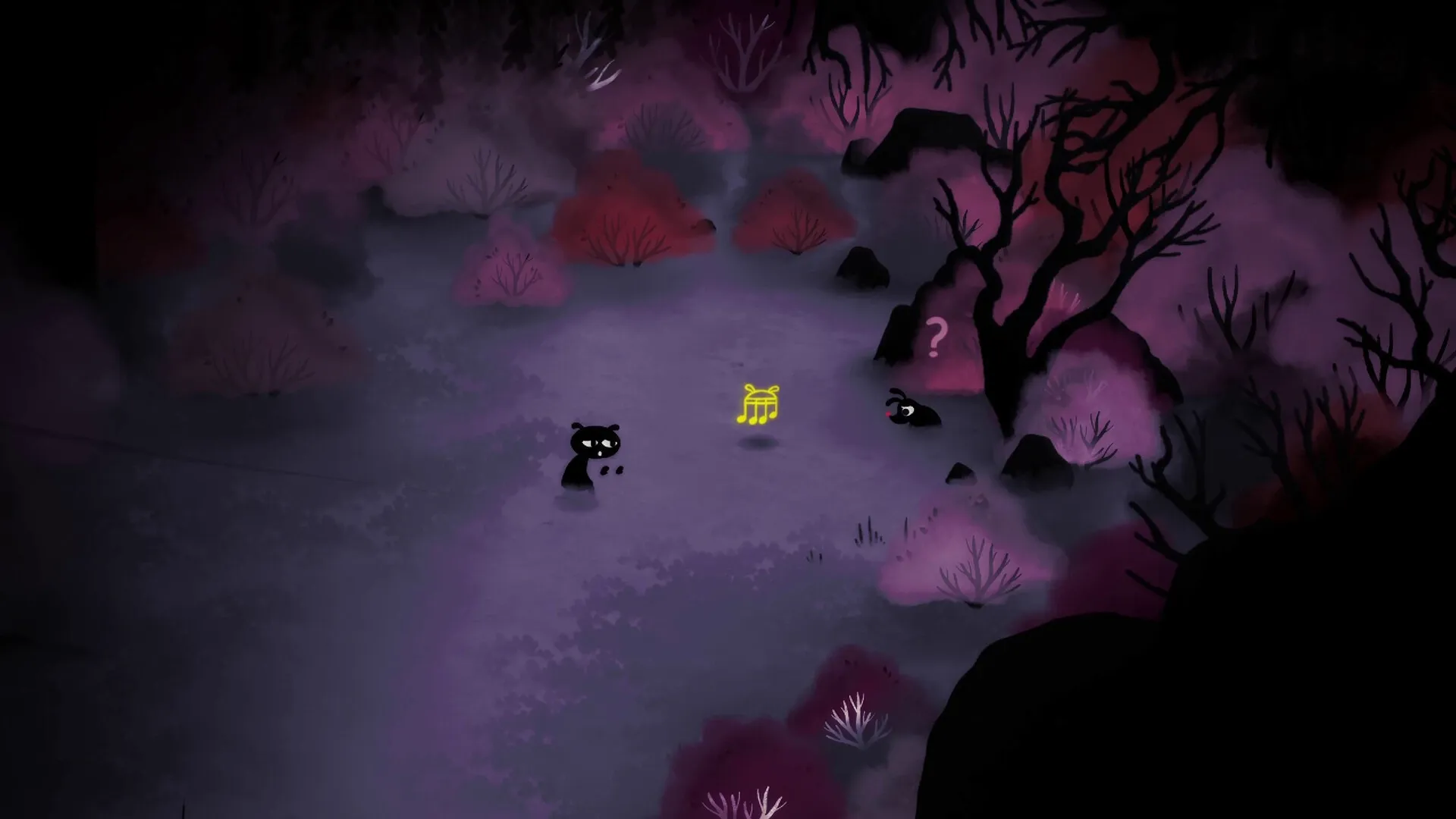 Koira: Two shadowy figures in a misty forest clearing approach a glowing musical note, surrounded by trees.