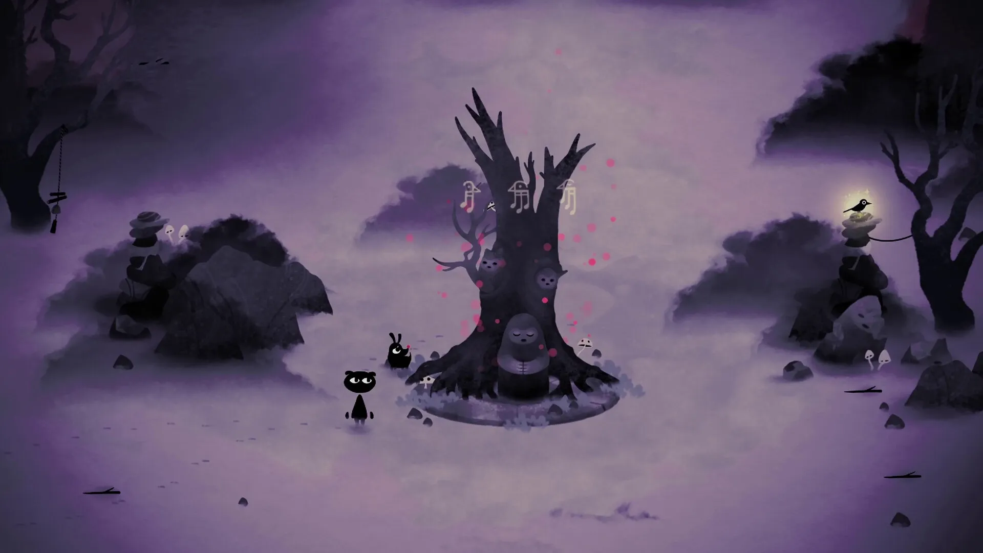 Koira: Dark forest scene with a mystical tree, glowing symbols, and shadowy character exploring.