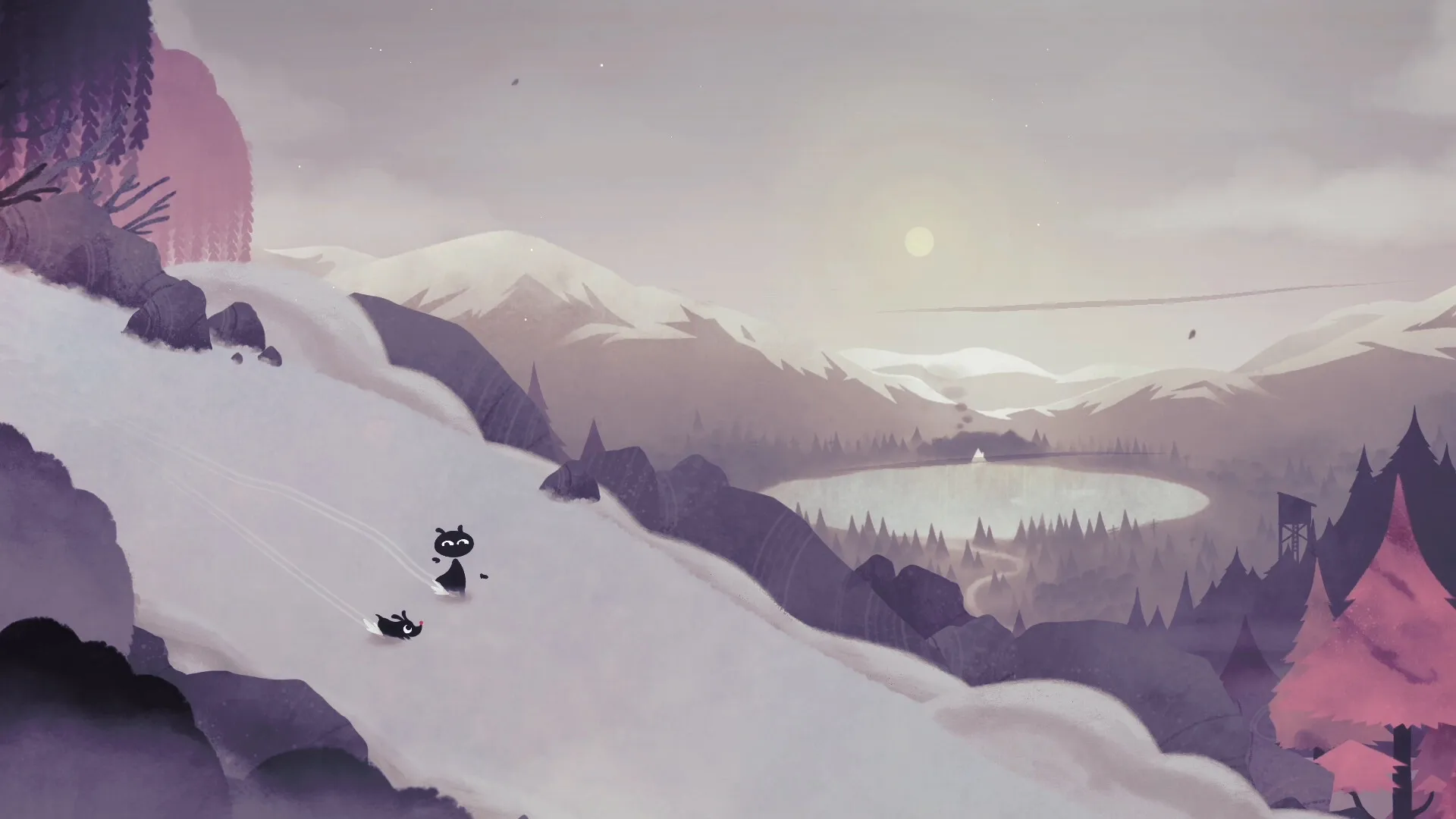 Koira: Two characters sliding down a snowy hill in a serene, pastel-colored mountain landscape