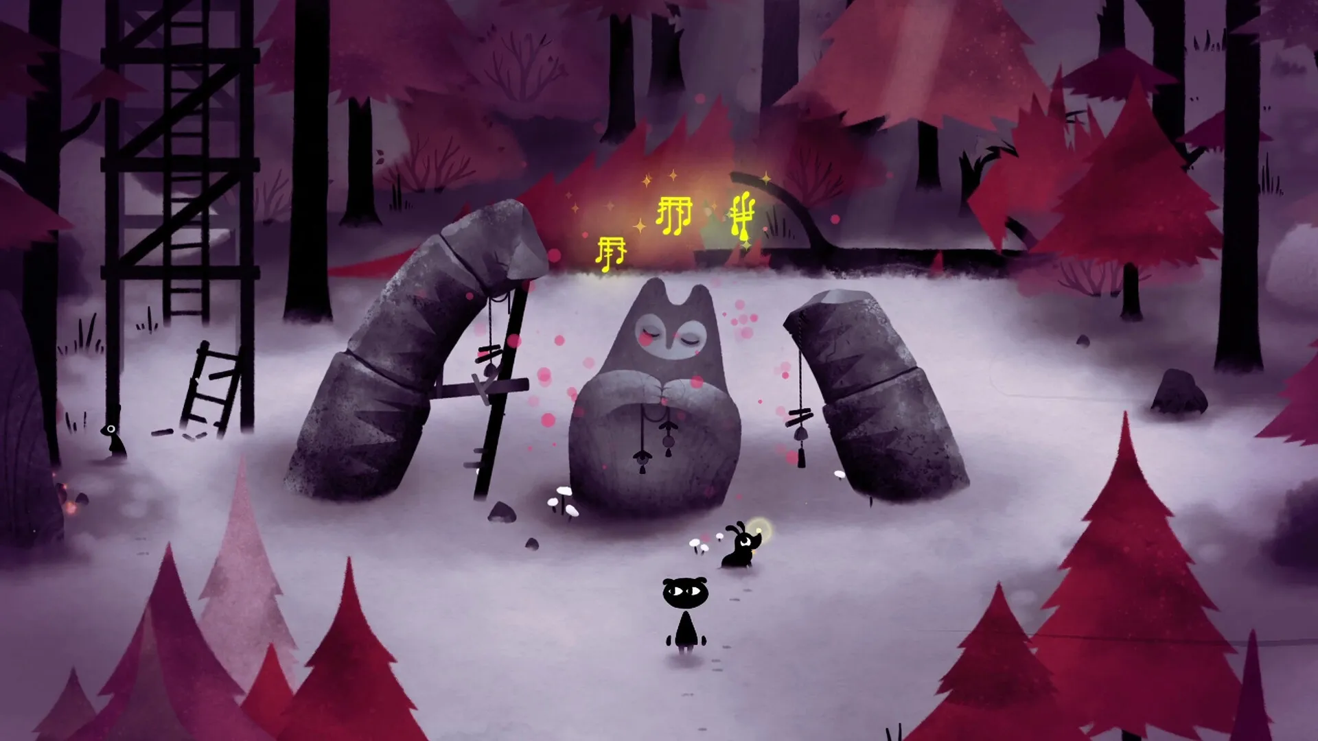 Koira: Two characters approach a mystical stone statue in a foggy, enchanted forest environment.