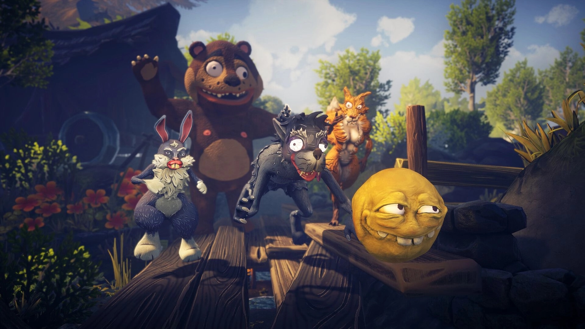 Koloboke: Quirky animal characters on a wooden bridge in a vibrant forest setting
