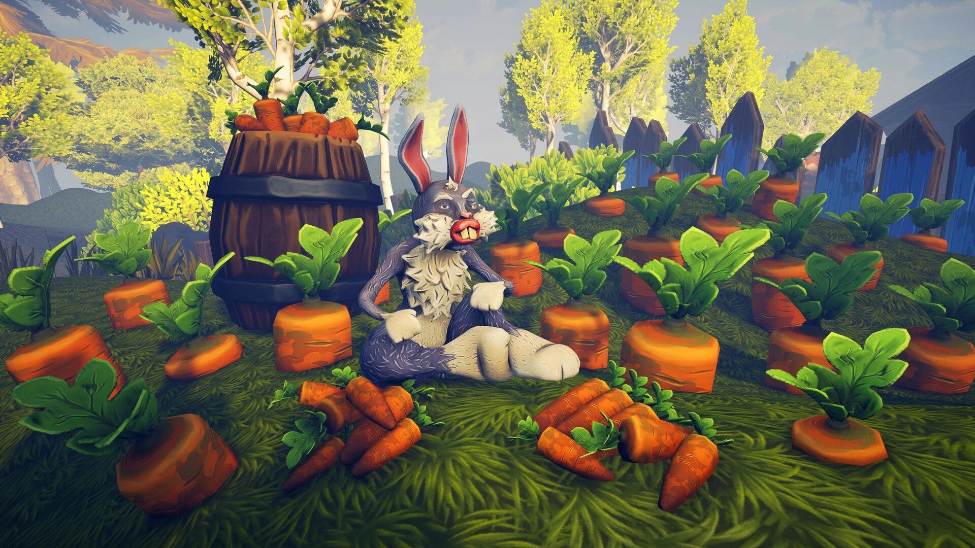 Koloboke: Cartoon rabbit sitting among vibrant carrots in lush garden, with wooden barrel nearby