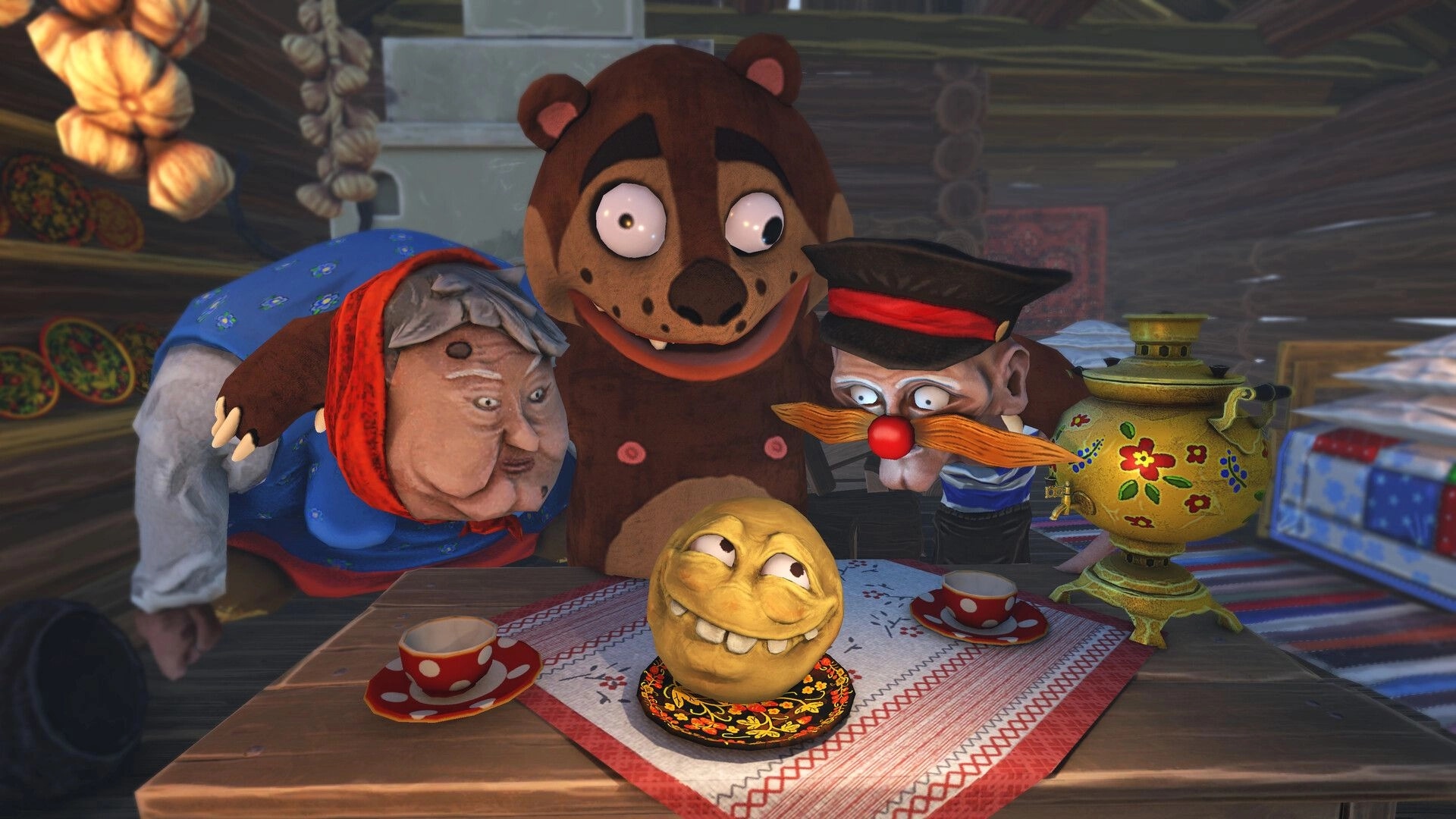 Koloboke: Quirky characters observe a smiling potato on table inside a cozy wooden cabin with samovar.