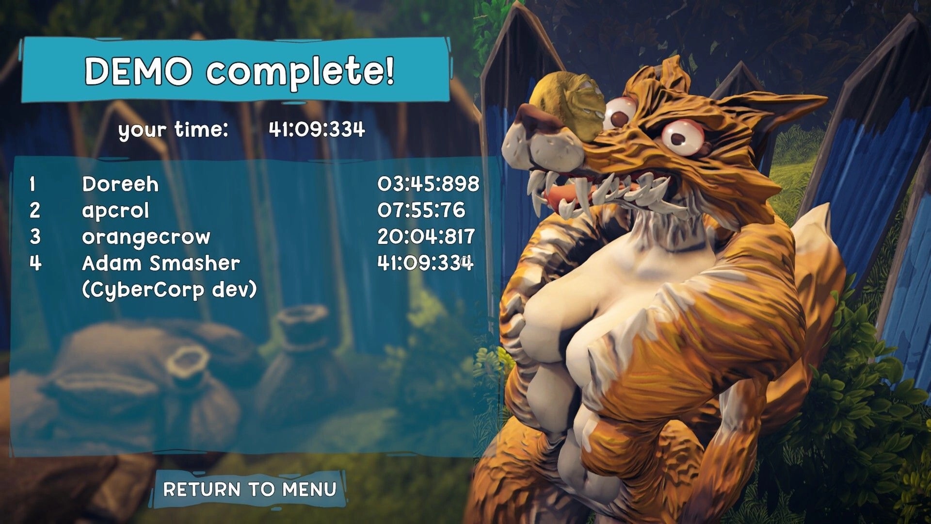 Koloboke: Demo complete screen displaying player rankings and a character in a forest setting