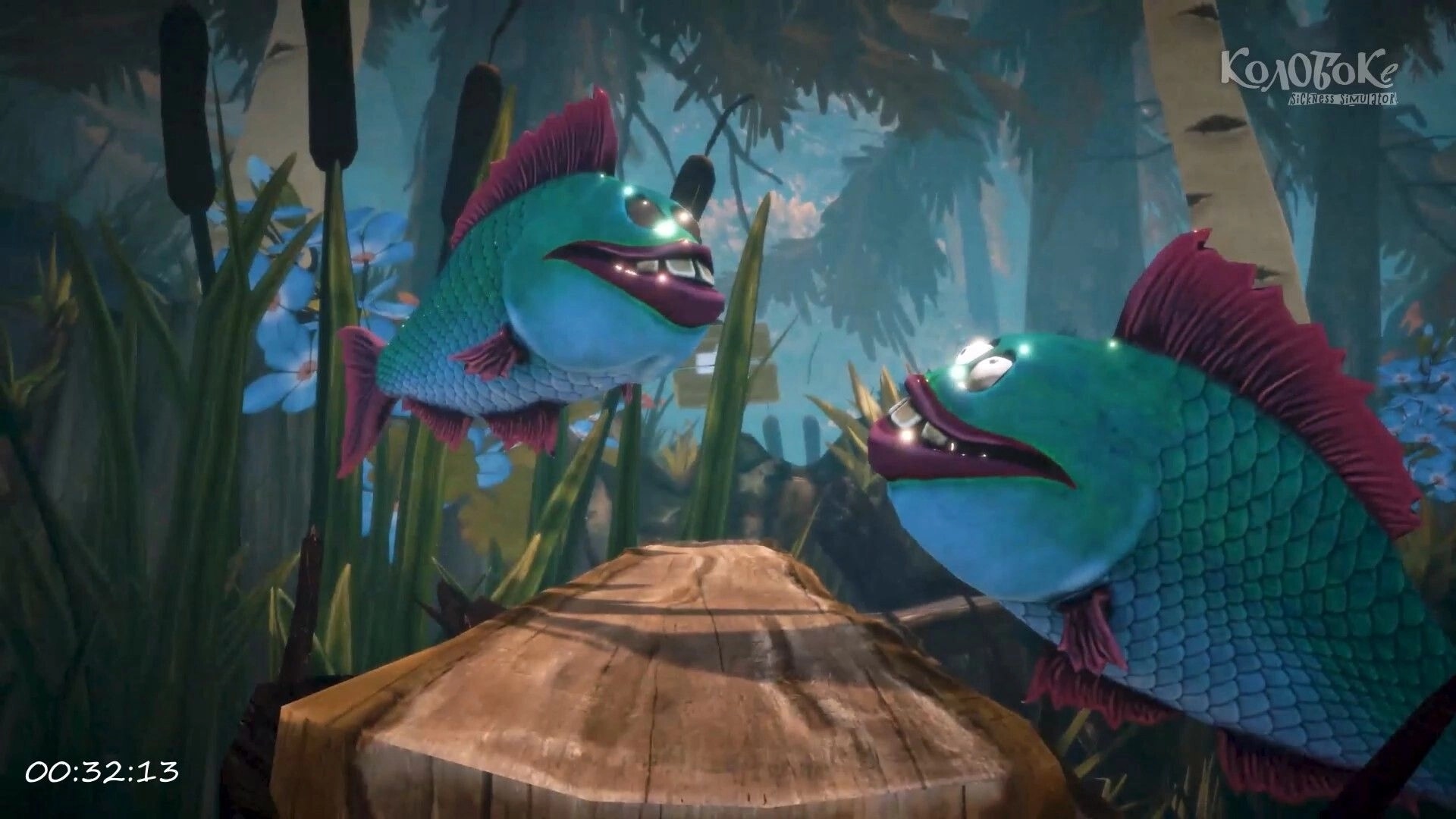 Koloboke: Two colorful fish facing each other in a lush, vibrant forest setting with a timer display.