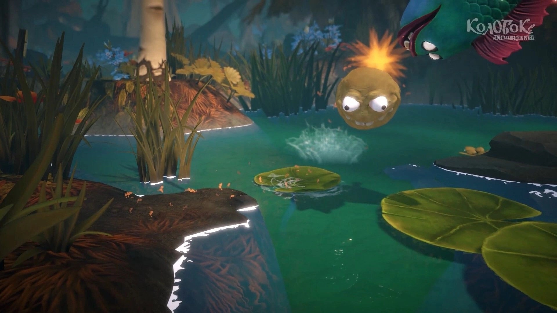 Koloboke: Floating creature with flame head hovering over lily pad in lush, vibrant swamp environment.