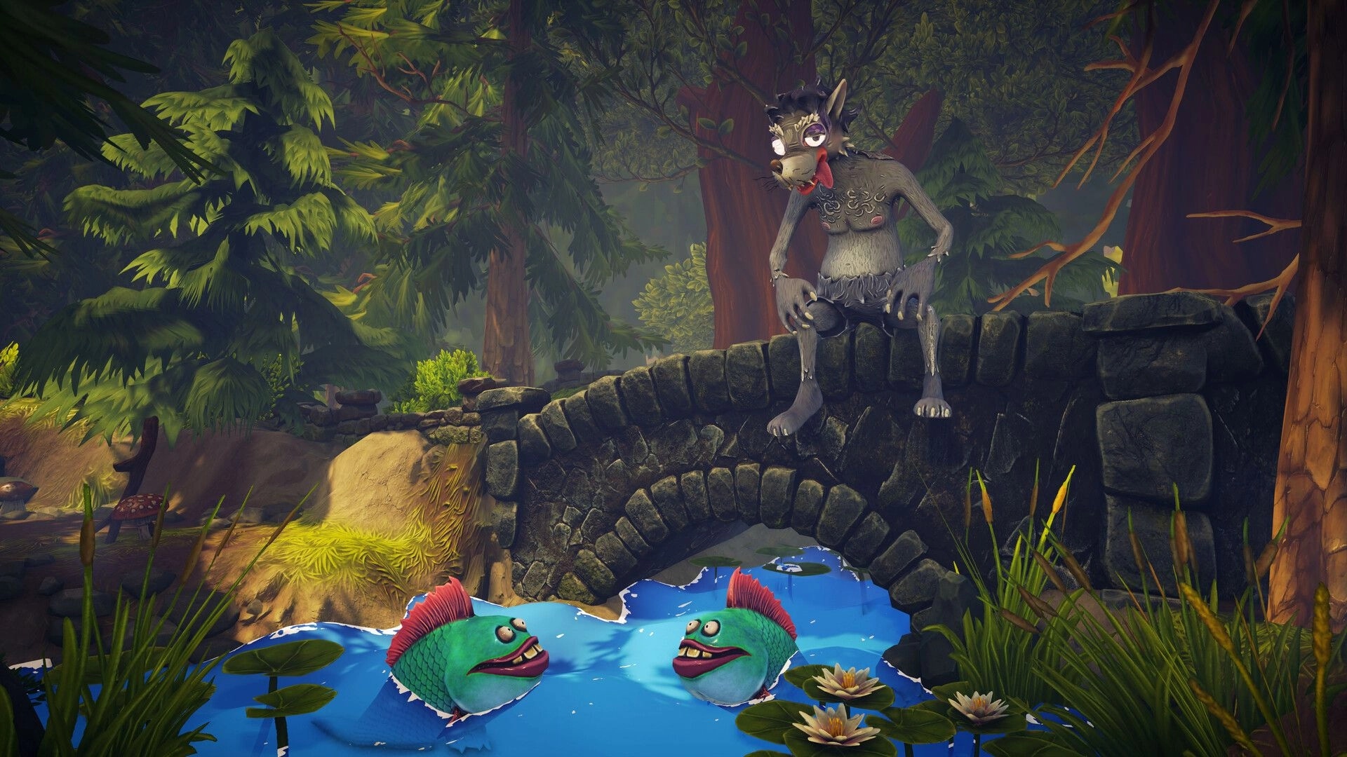 Koloboke: Wolf character on stone bridge watching colorful fish in vibrant forest river setting